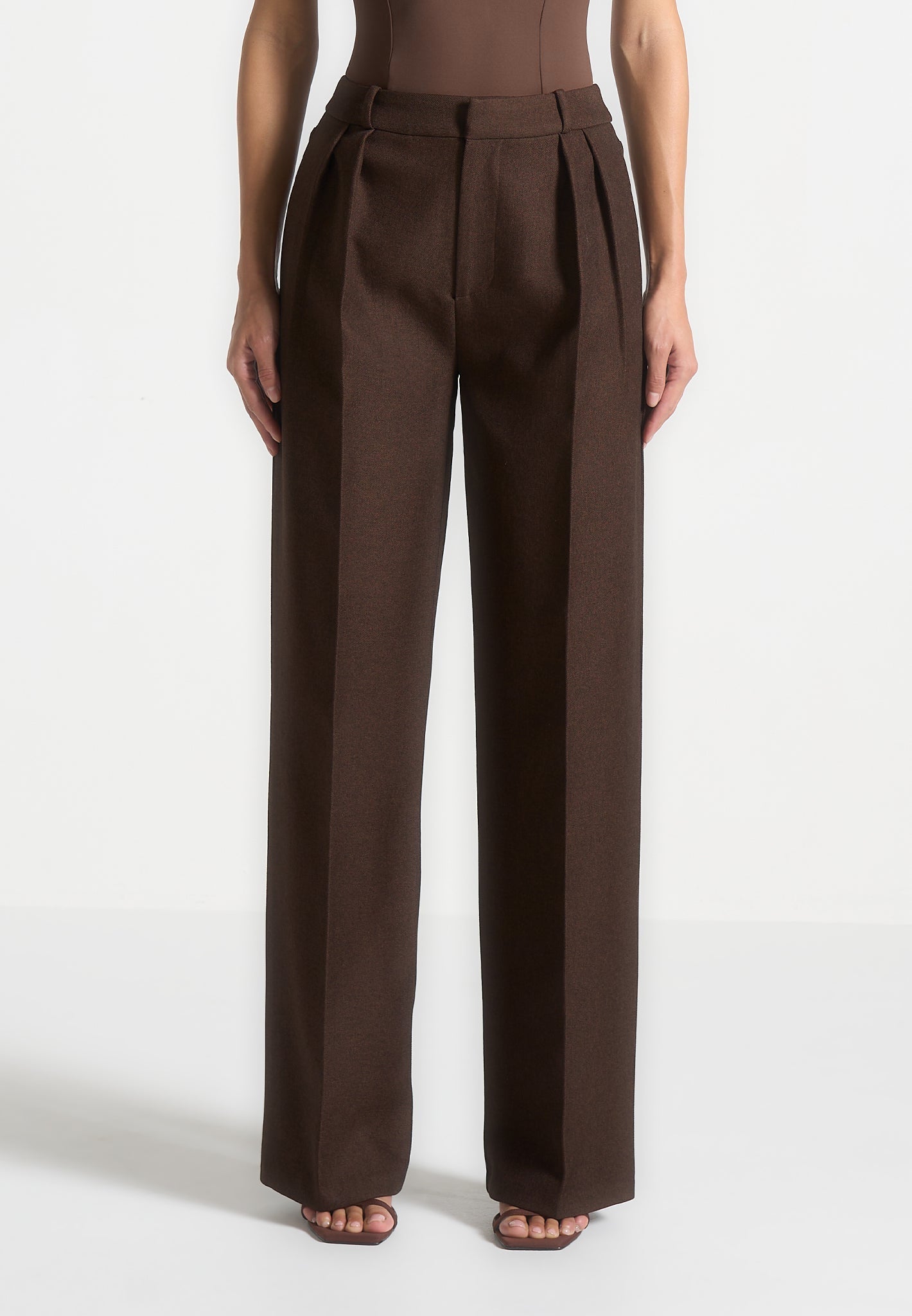 Julie - Tailored Twin Pleat Trousers - Brown | Manière De Voir USA