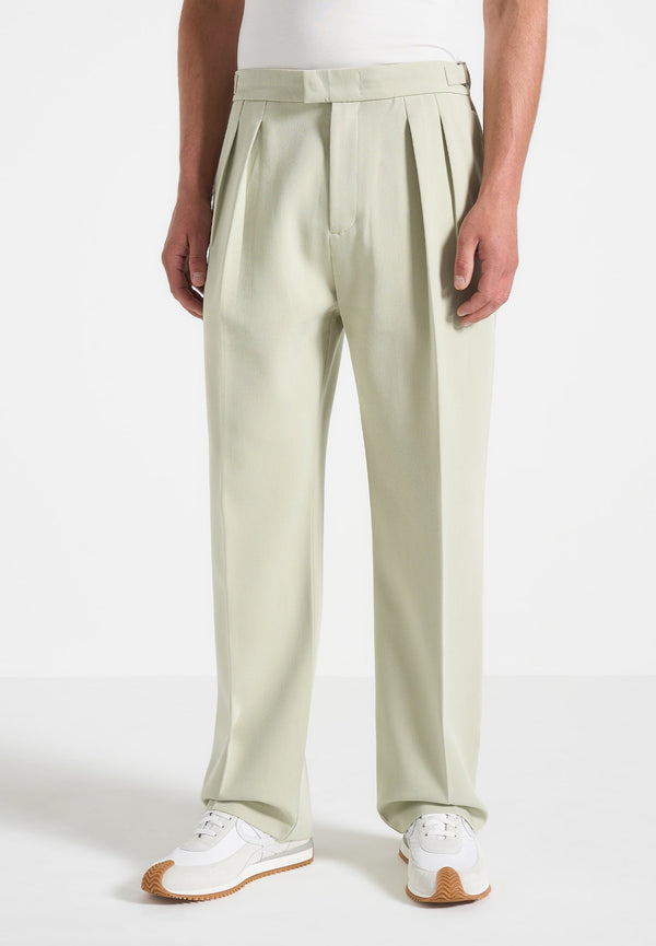 Pierre - Relaxed Fit Hatched Pleated Tailored Trousers - Sage
