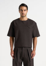Léon - Boxy Cropped Hatched T-Shirt - Dark Brown