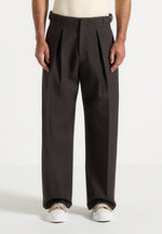 Lior - Box Pleat Hatched Wide Leg Trousers - Dark Brown