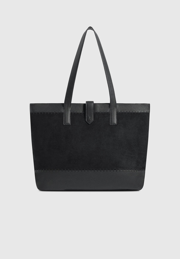 Nicolas - Suede & Pebbled Leather Whipstitch Tote Bag - Black