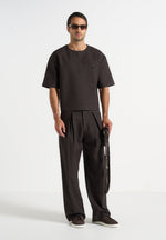 Lior - Box Pleat Hatched Wide Leg Trousers - Dark Brown