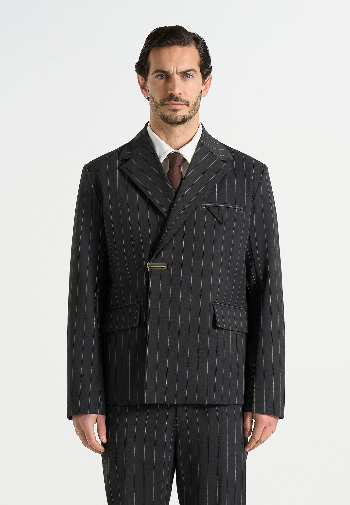 Gaston - Double Breasted Pinstripe Suit Jacket - Grey | Manire De Voir USA Gaston - Double Breasted Pinstripe Suit Jacket - Grey | Manire De Voir USA