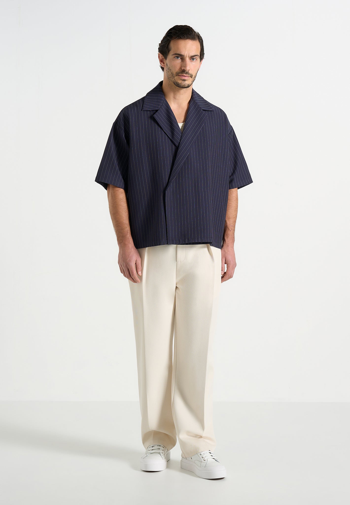 pinstripe dress shirt Abel - Boxy Pinstripe Double Breasted Shirt - Navy