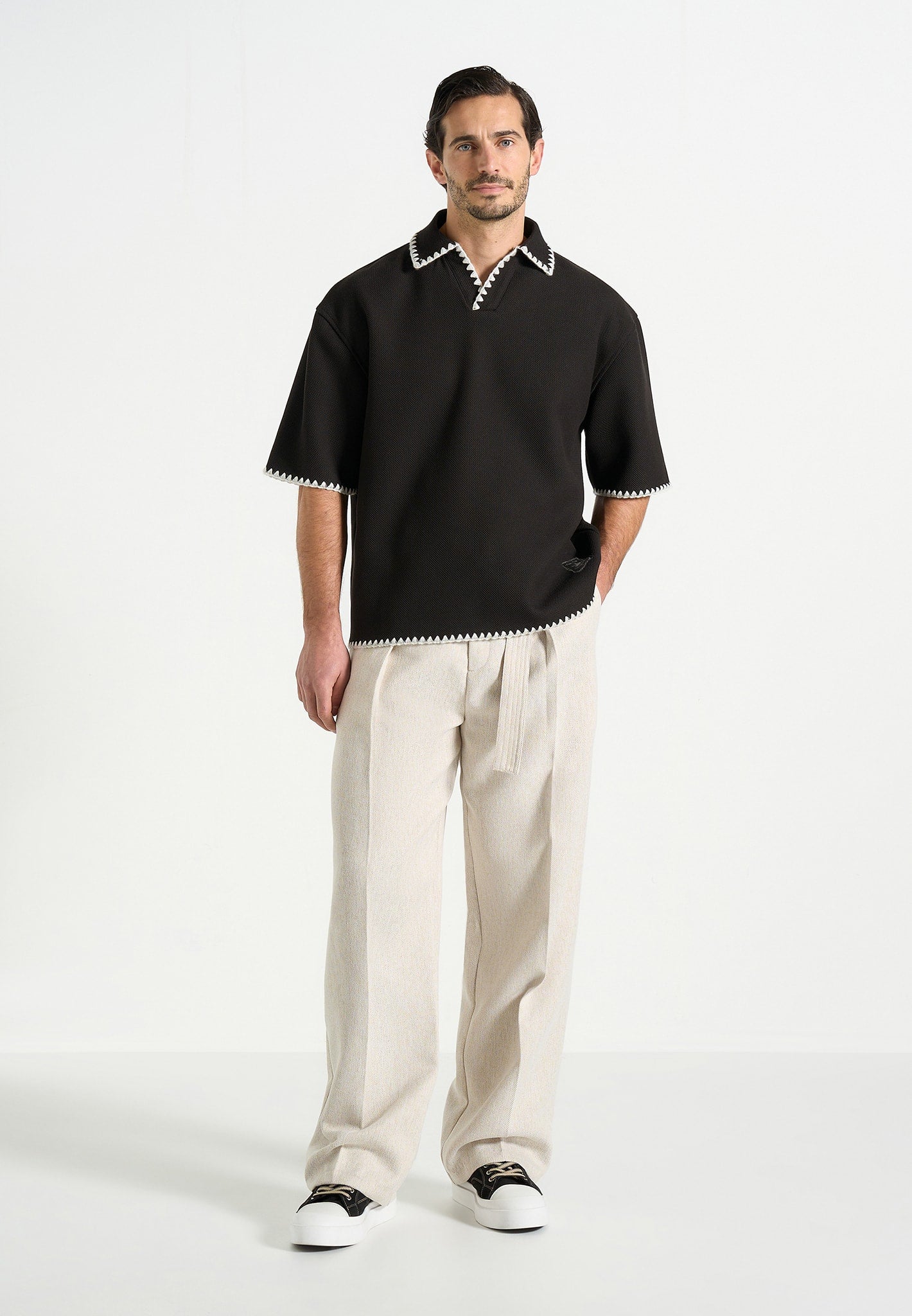 Lenny - Boxy Polo Shirt With Whipstitch Detail - Black | Manire De Voir USA Lenny - Boxy Polo Shirt With Whipstitch Detail - Black | Manire De Voir USA