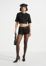 Alba - Tweed Mock Neck Curve Detailing Top - Black