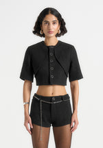 Alba - Tweed Mock Neck Curve Detailing Top - Black