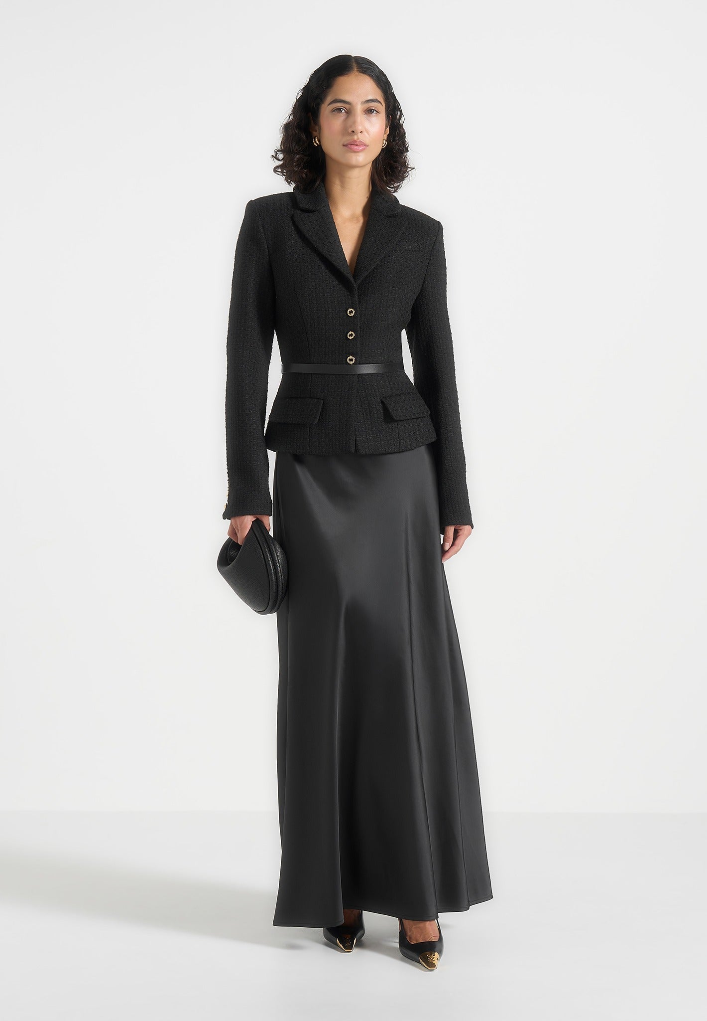 Women's Boucle And Satin Belted Blazer Maxi Dress - Black - US 0 - Grace