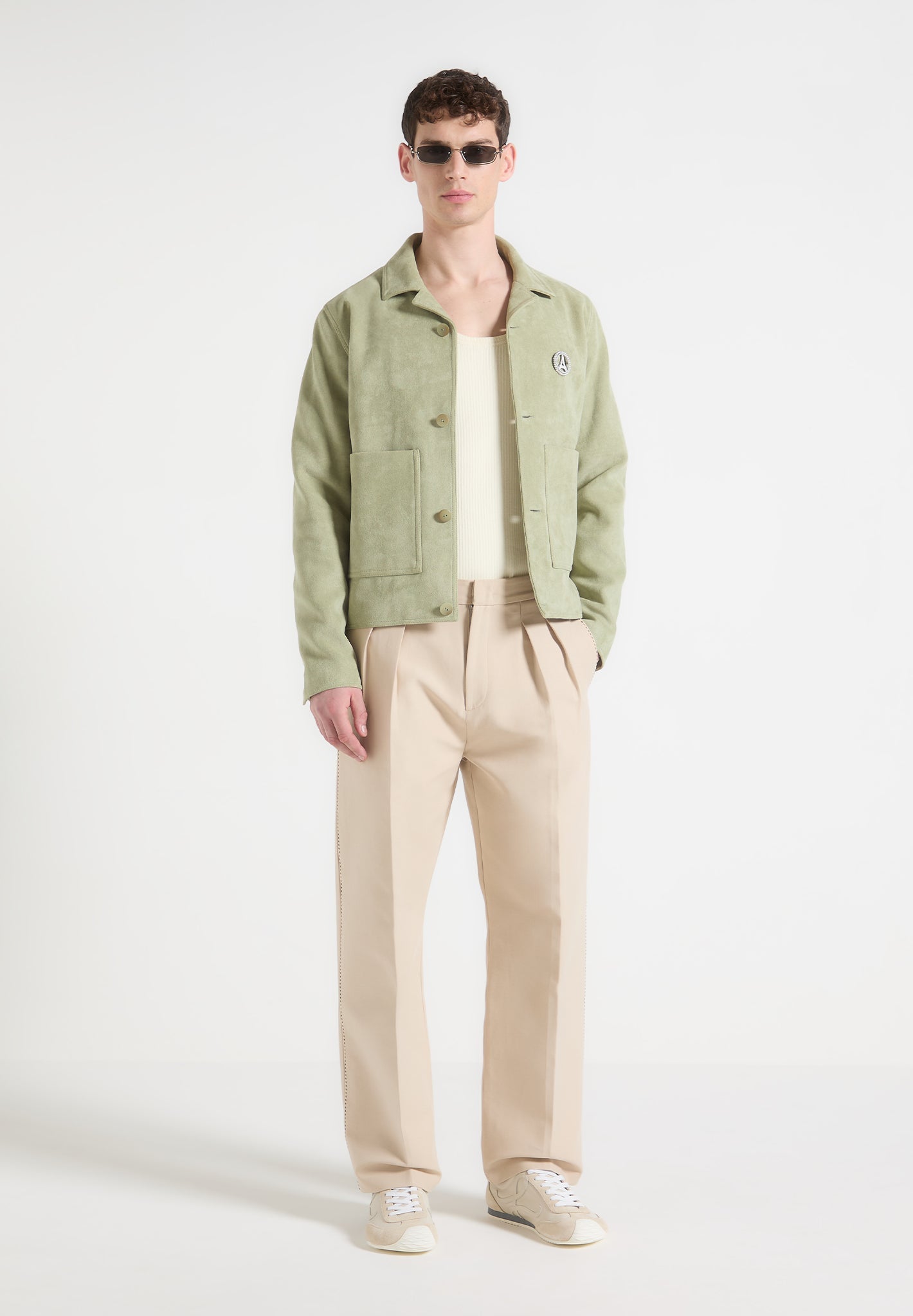 Michel - Suede Jacket with Revere Collar - Sage | Manire De Voir USA Michel - Suede Jacket with Revere Collar - Sage | Manire De Voir USA
