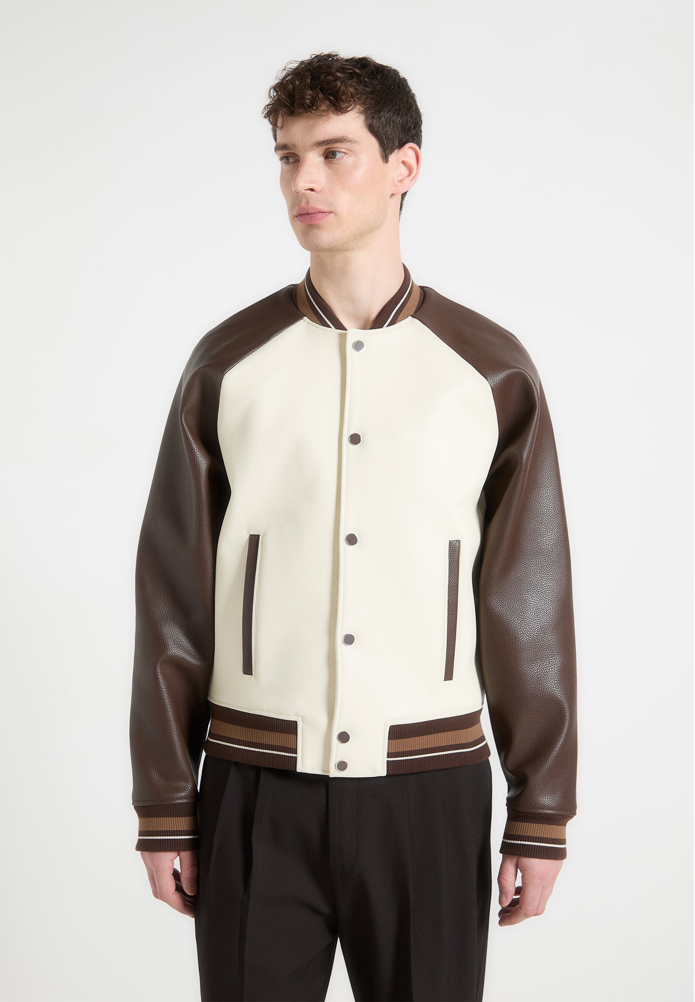 Men's Contrast Leather Bomber Jacket - Cream - S - Guy - Manire de Voir Men's Contrast Leather Bomber Jacket - Cream - S - Guy - Manire de Voir