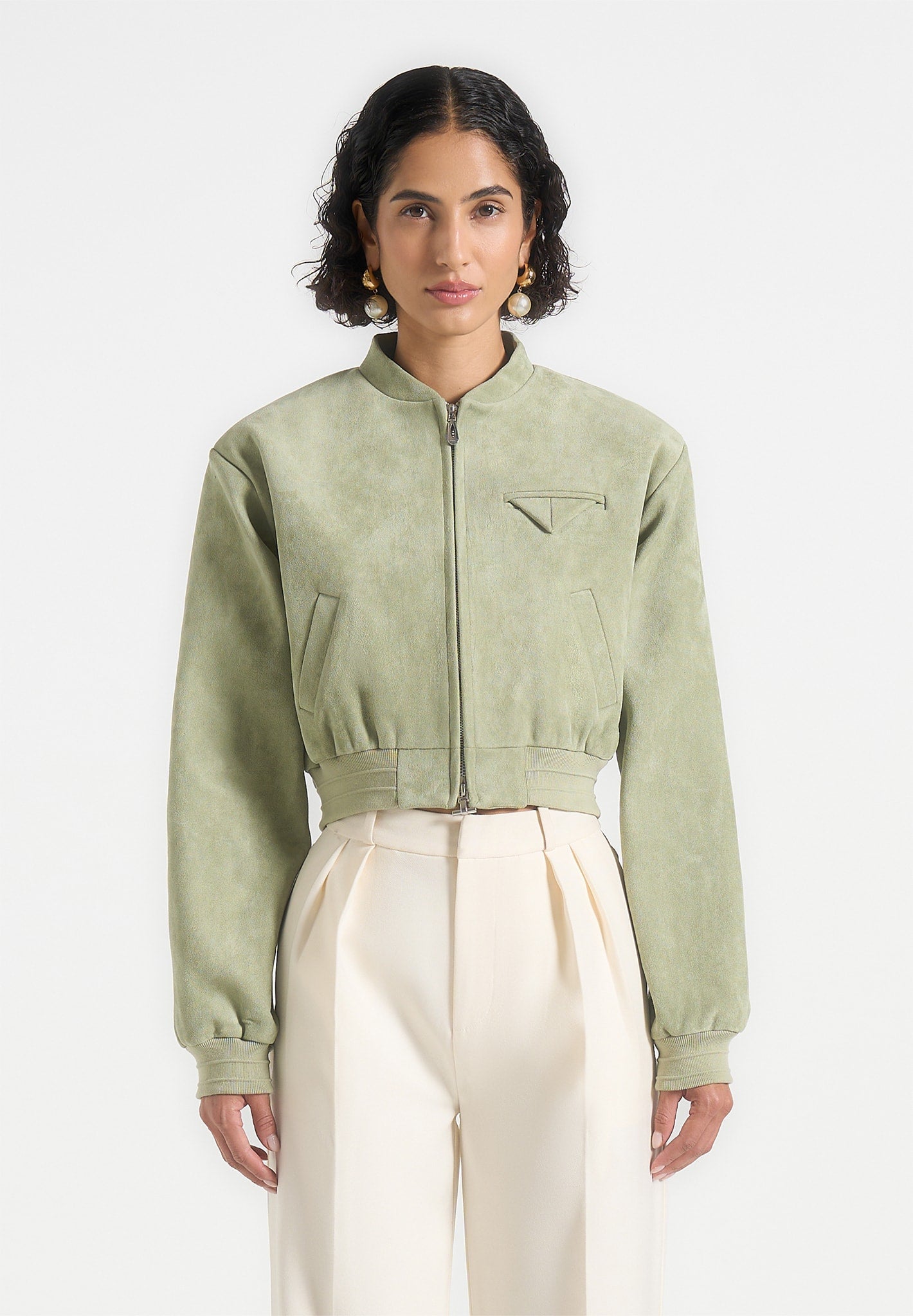Monique - Suede Wide Shoulder Bomber Jacket - Sage
