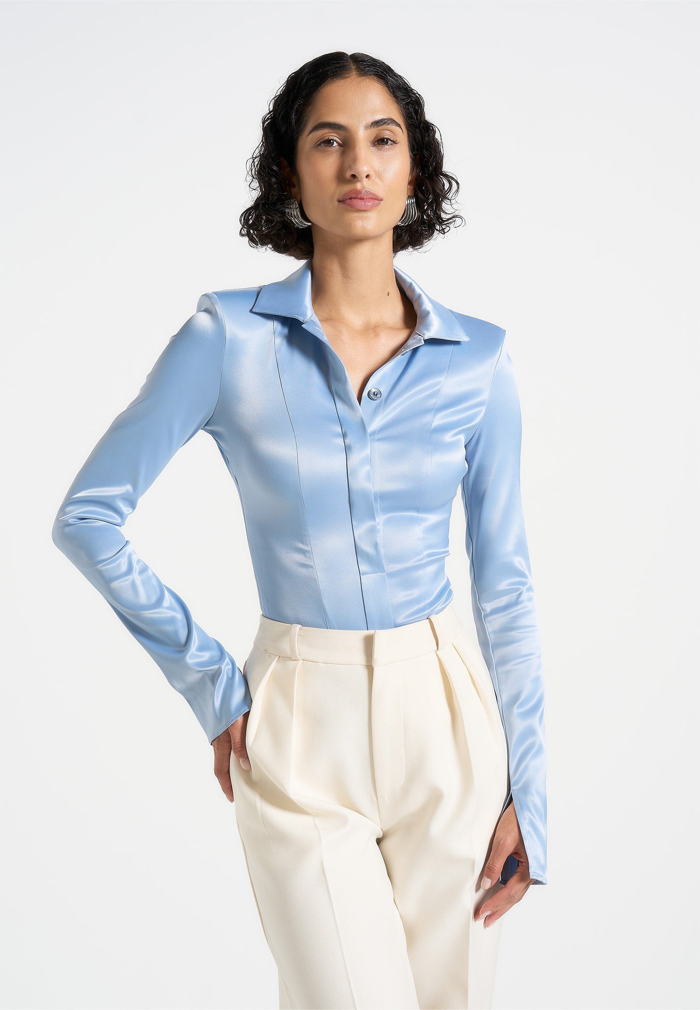Women's Wide Shoulder Satin Shirt Bodysuit - Pale Blue - US 0 - Louise - Manire de Voir Women's Wide Shoulder Satin Shirt Bodysuit - Pale Blue - US 0 - Louise - Manire de Voir