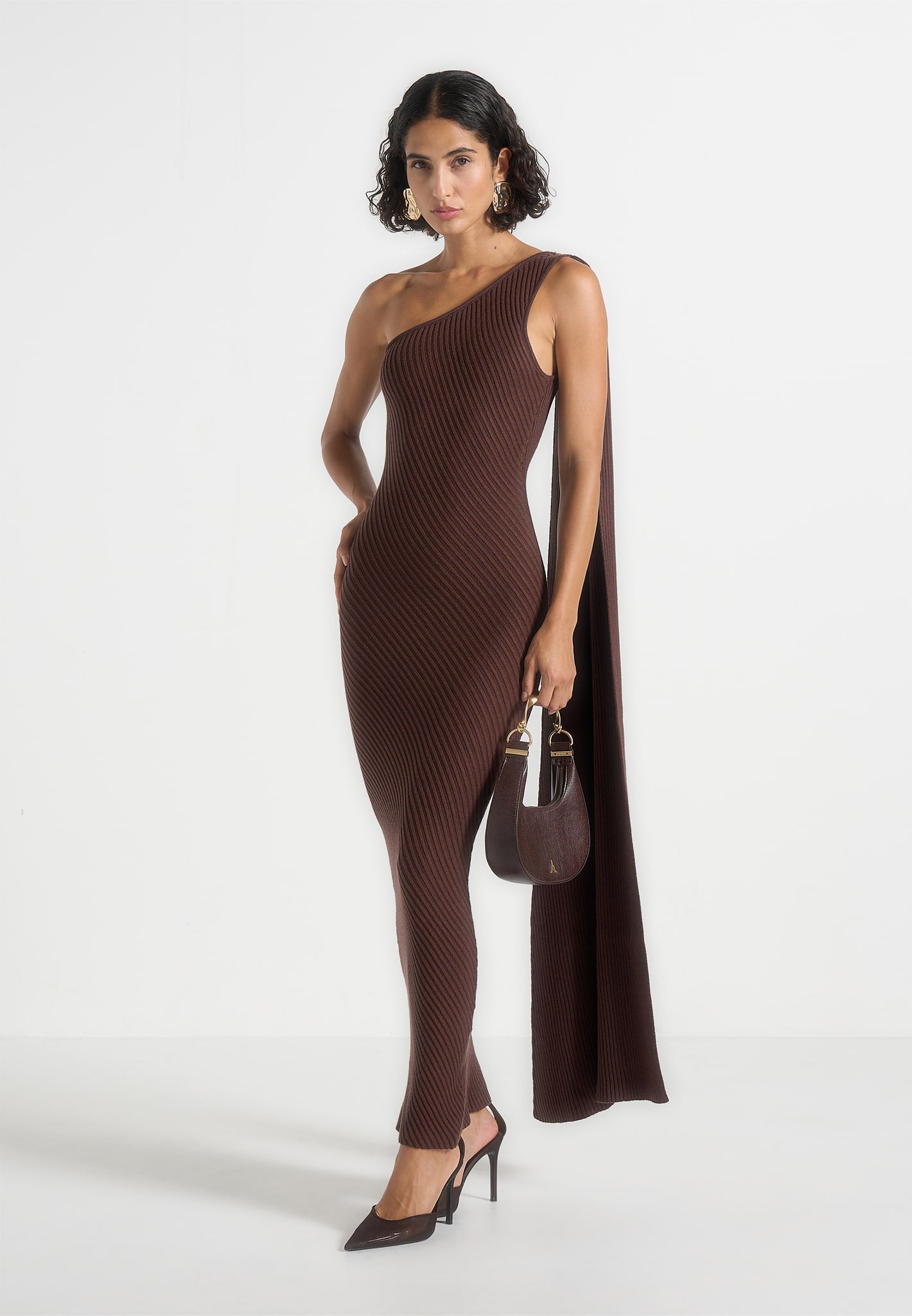 Women's Asymmetric Knit Maxi Dress With Scarf - Brown - L - Laya