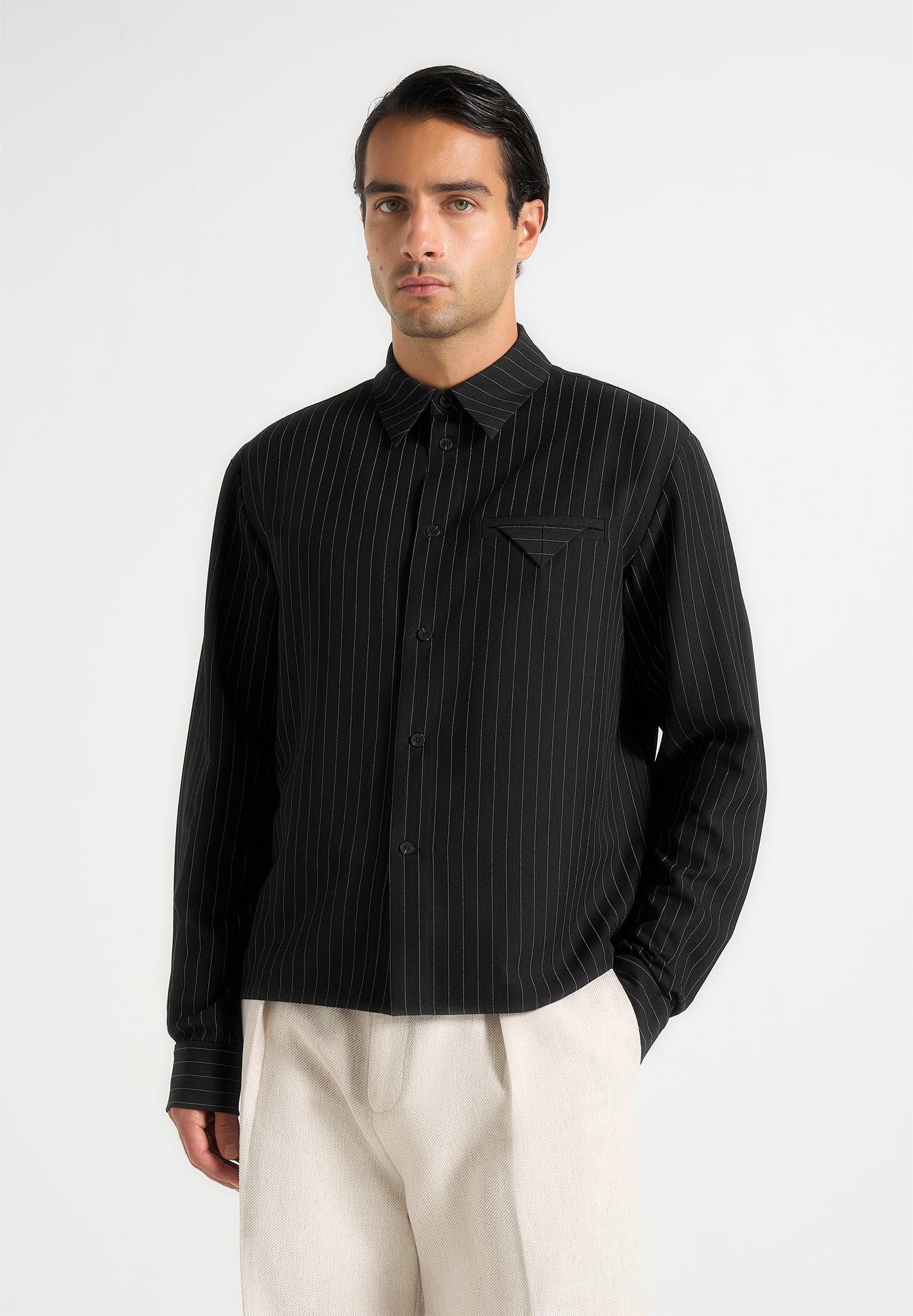 Men's Pinstripe Cropped Long Sleeve Shirt - Black - M - Arlo