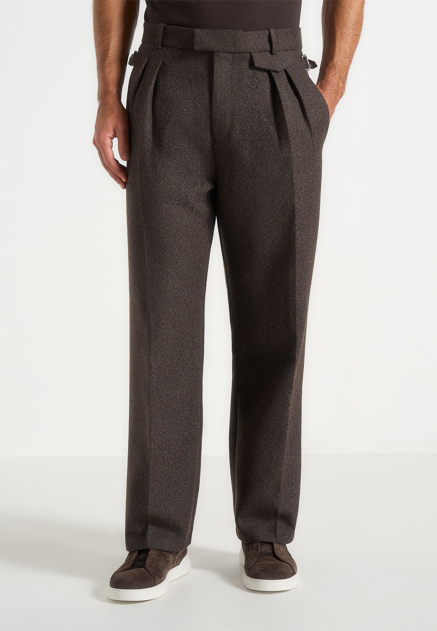 Pierre - Relaxed Fit Melange Pleated Tailored Trousers - Brown