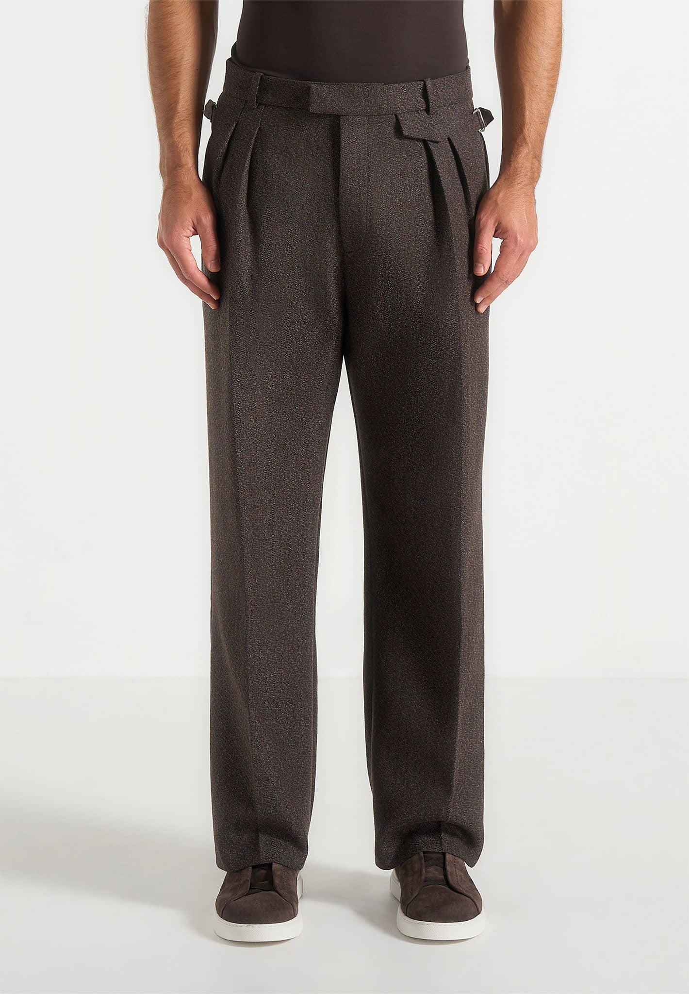 Pierre - Relaxed Fit Melange Pleated Tailored Trousers - Brown