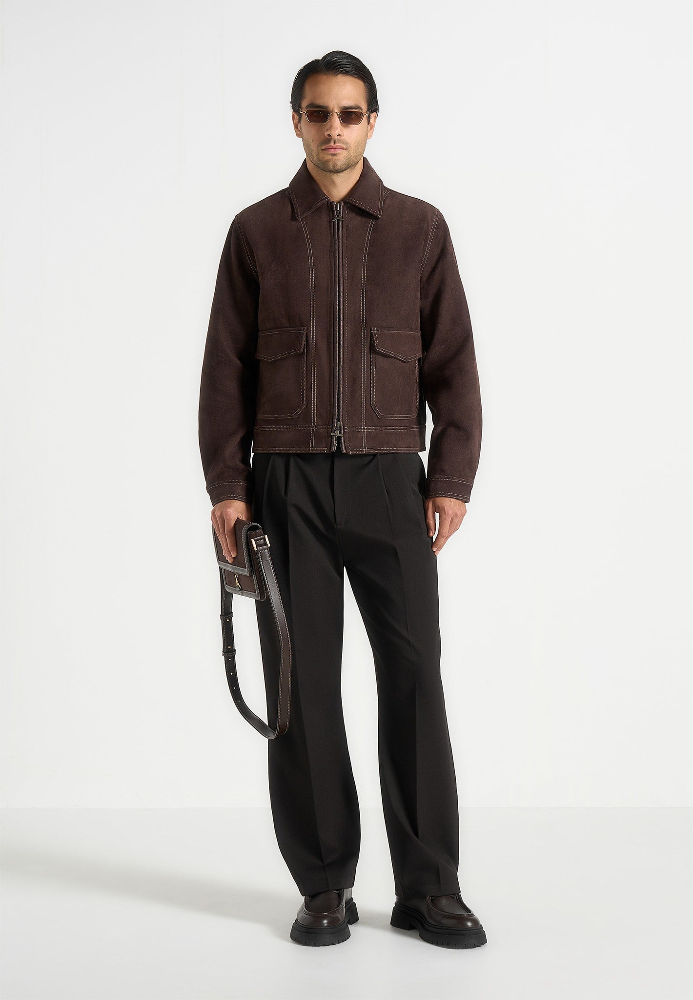 Men's Suede Contrast Stitch Jacket - Brown - S - Vince - Manire de Voir Men's Suede Contrast Stitch Jacket - Brown - S - Vince - Manire de Voir