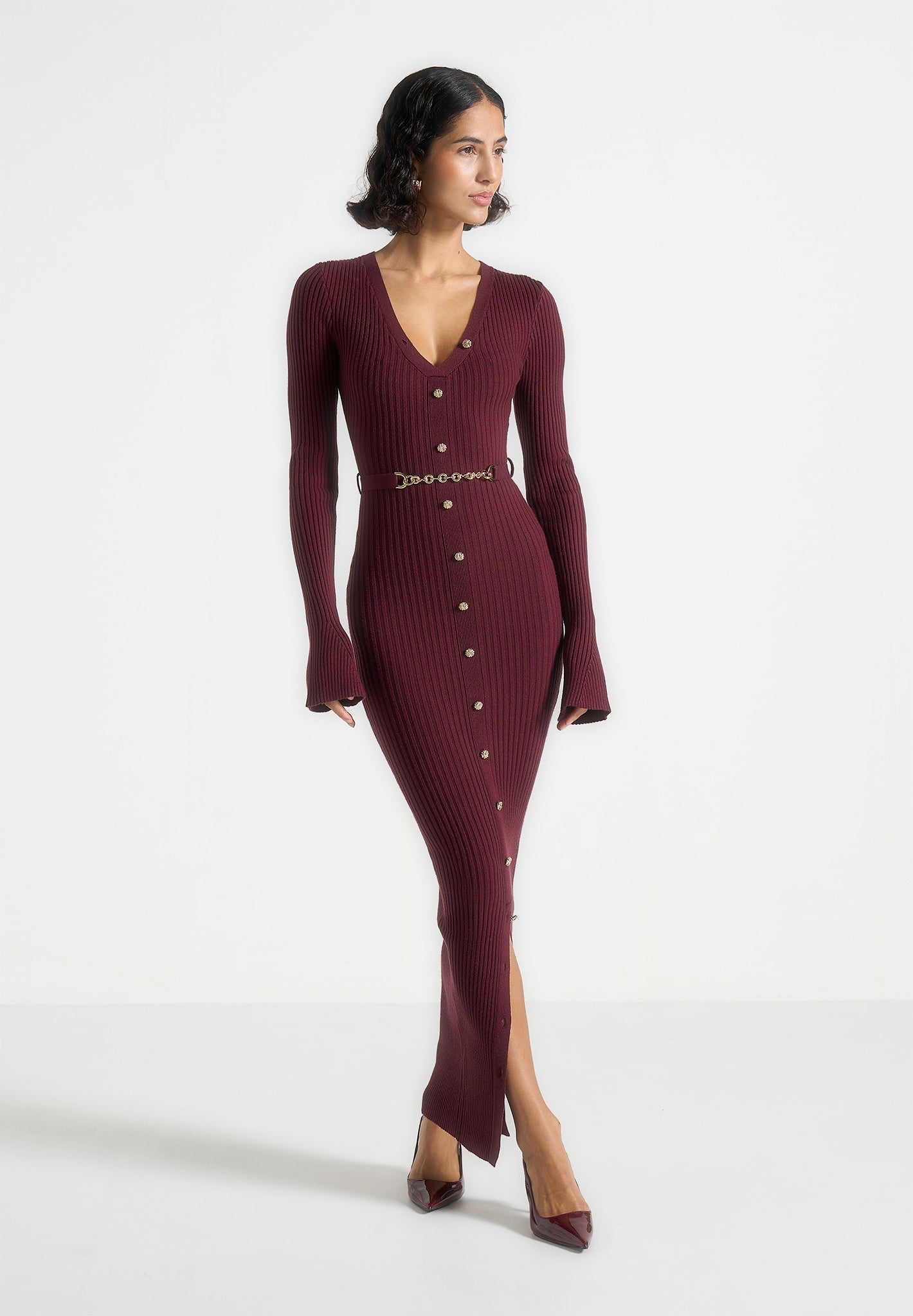 Women's Long Sleeve Knitted Maxi Dress With Belt - Wine Red - L - Assia