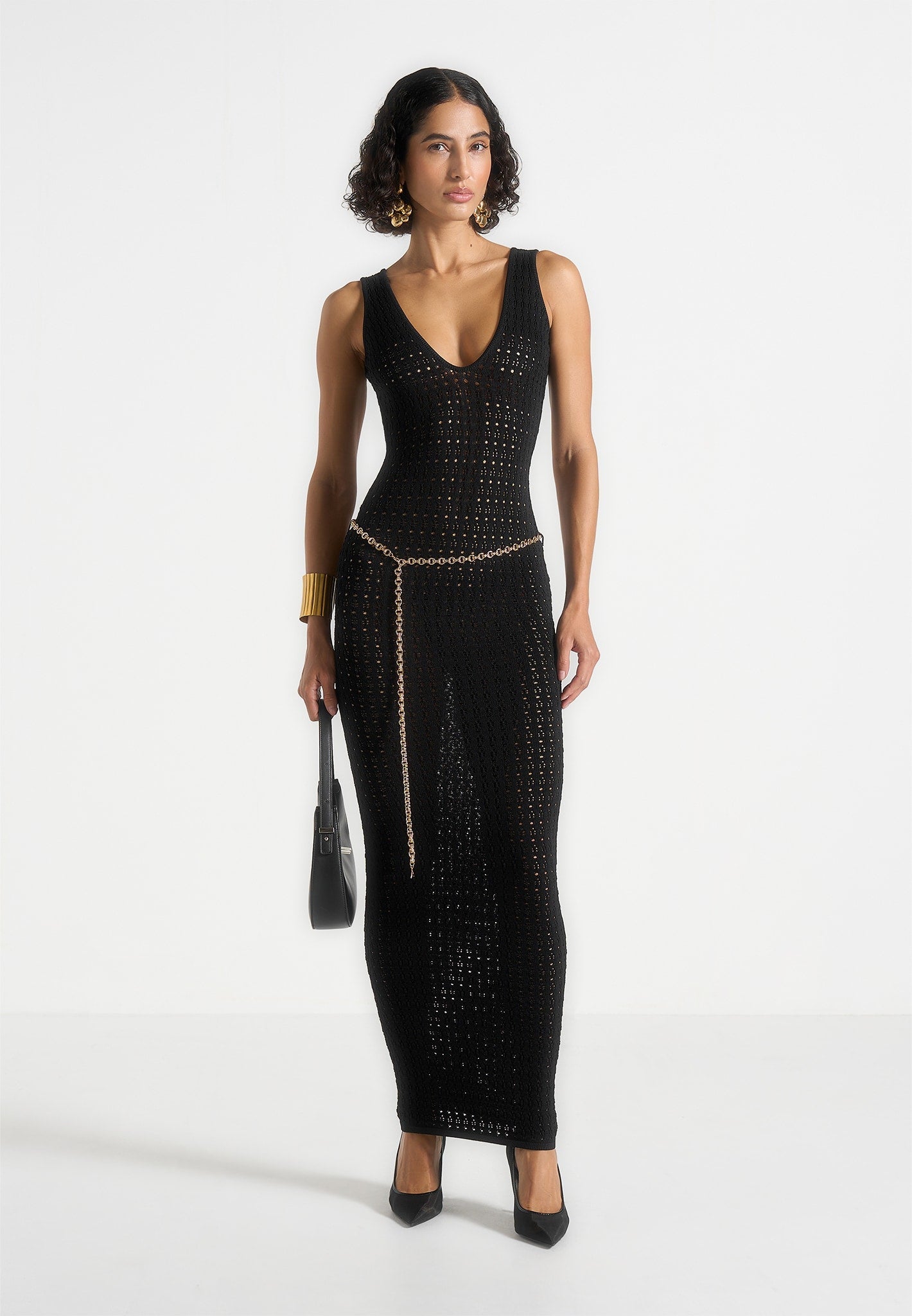 Women's Pointelle Plunge Maxi Dress With Chain - Black - XS - Myriam