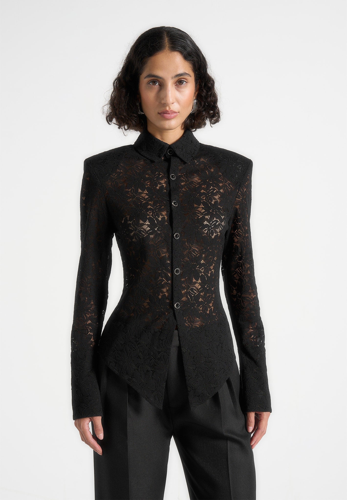 Women's Wide Shoulder Lace Angled Shirt - Black - US 10 - Sila