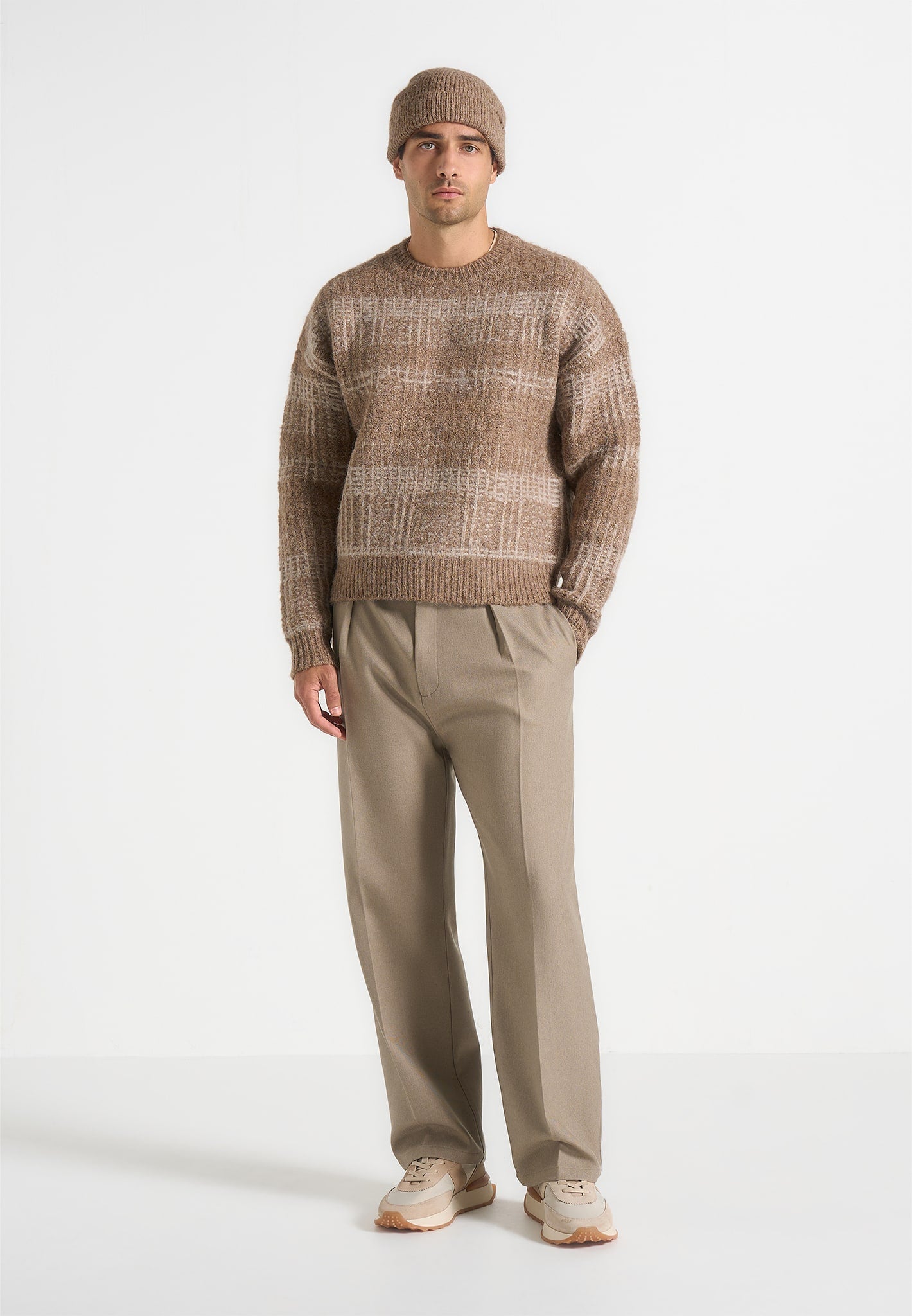 Ayden - Check Wool Knit Jumper - Taupe/Beige