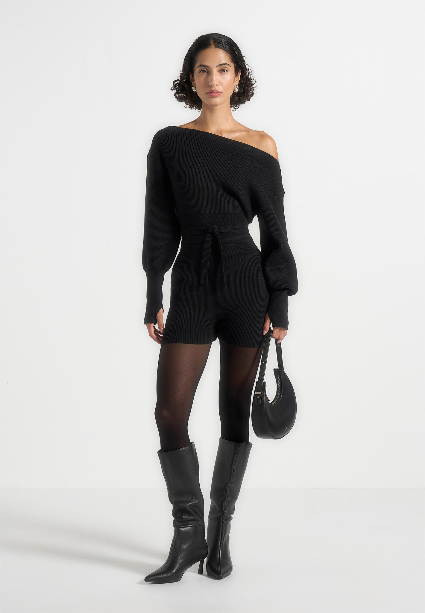 Women's Off Shoulder Knitted Playsuit With Belt - Black - US 8 - Raya - Manire de Voir Women's Off Shoulder Knitted Playsuit With Belt - Black - US 8 - Raya - Manire de Voir