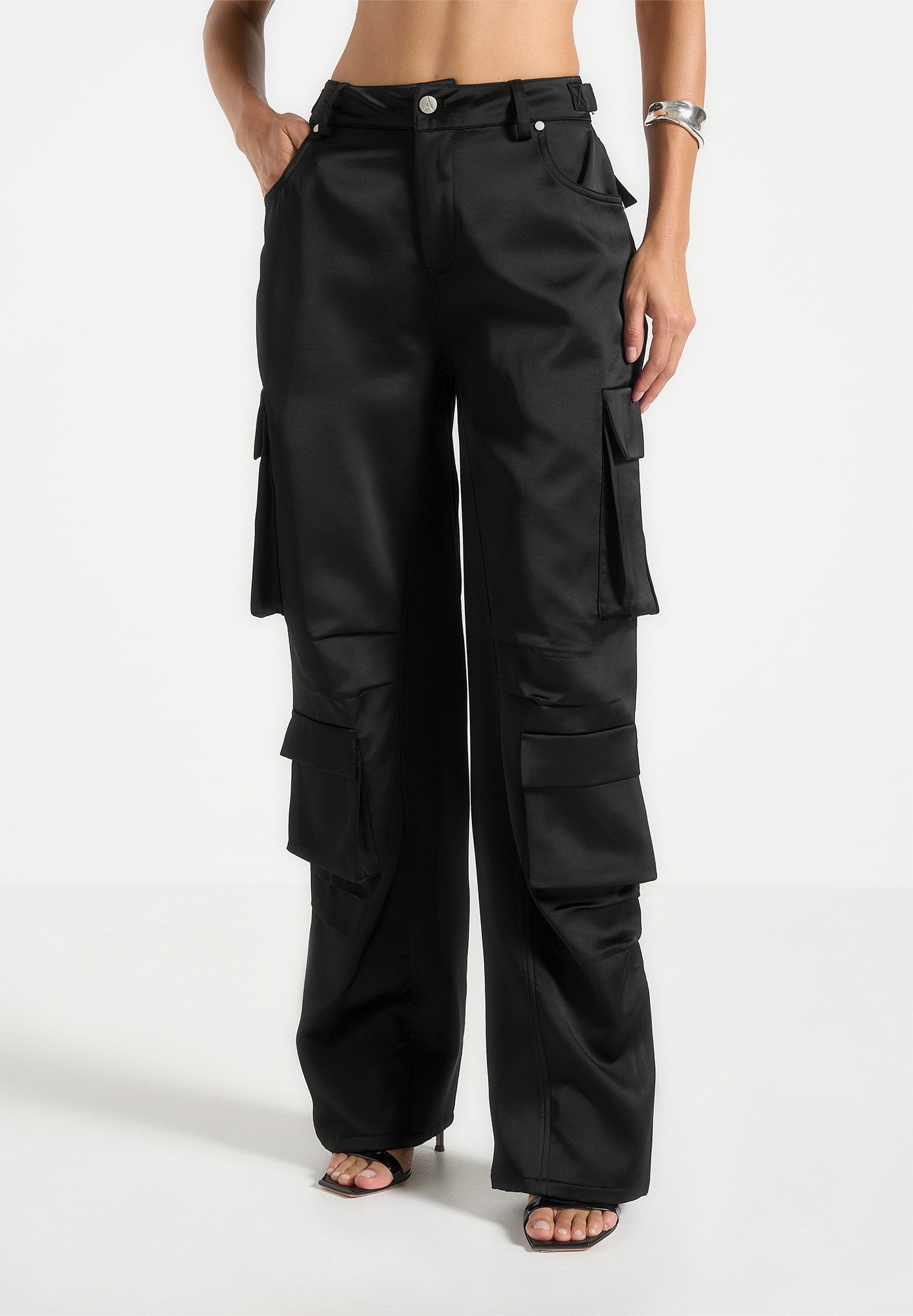 Emilie Satin High Waisted Cargo Pants Black Manière De Voir USA