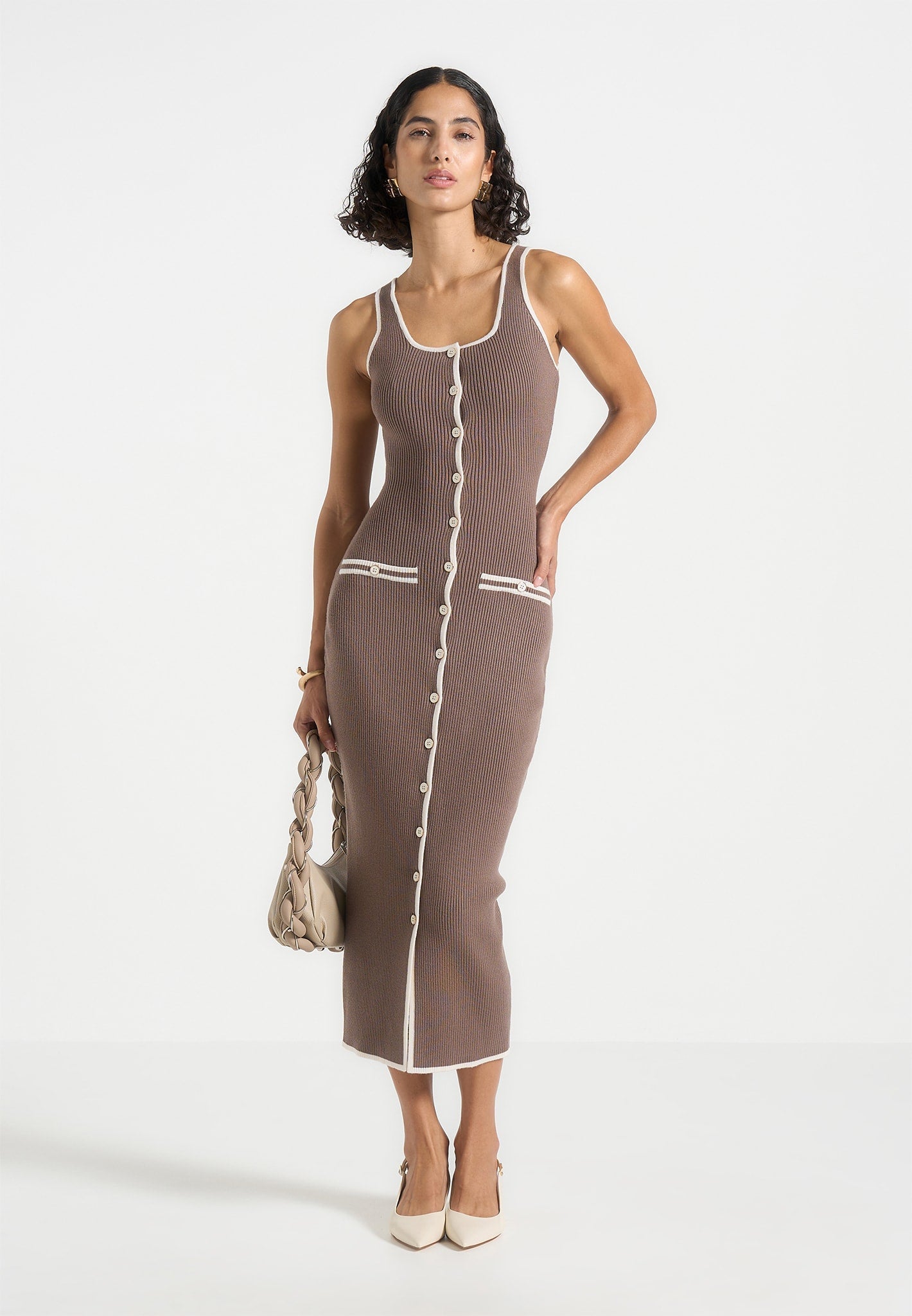 Women's Rib Knit Contrast Midi Dress - Brown/Cream - XS - Daphne