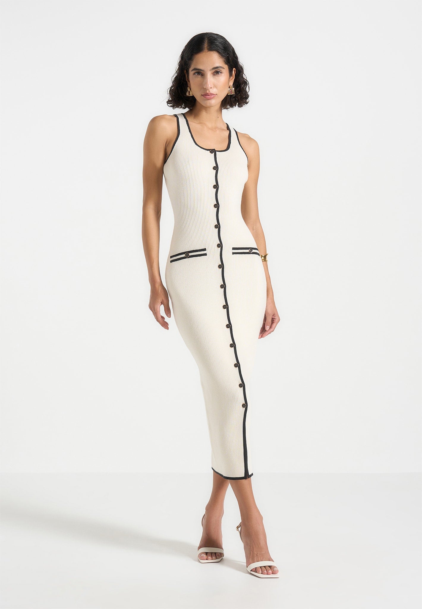 Women's Rib Knit Contrast Midi Dress - Cream/Black - M - Daphne