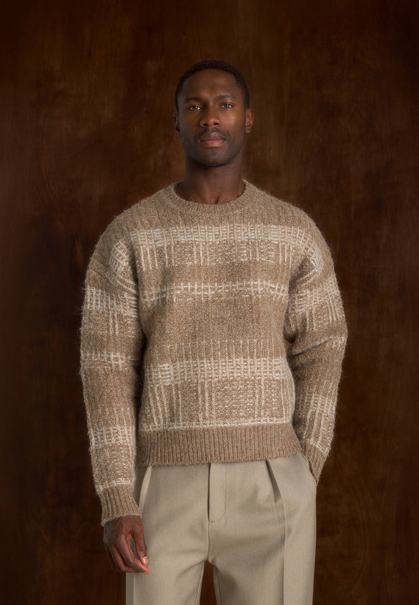 Ayden - Check Wool Knit Jumper - Taupe/Beige