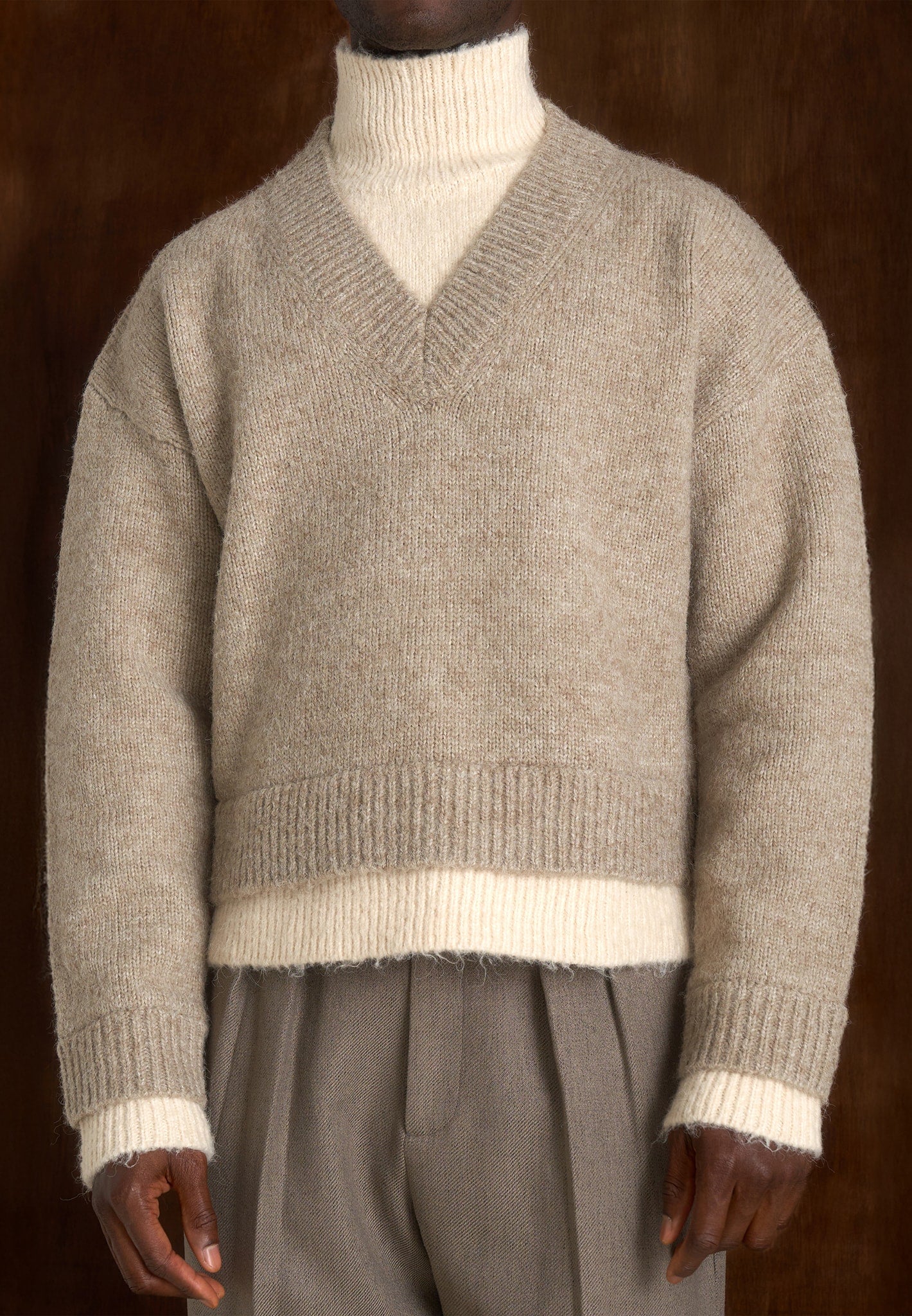 Jacques - Unisex Double Layer V-Neck Knit Jumper - Beige/Cream