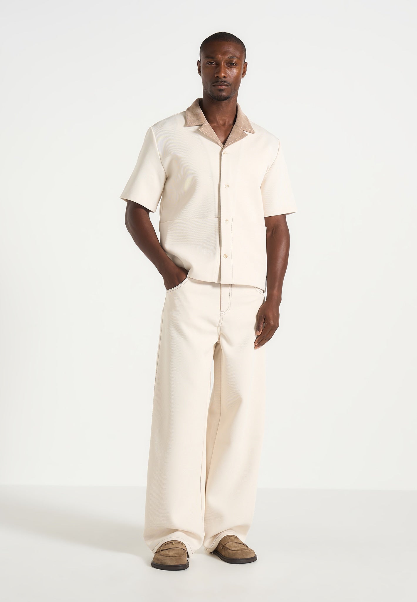 Men's Twill Shirt with Suede Revere Collar - Cream - L - Joel