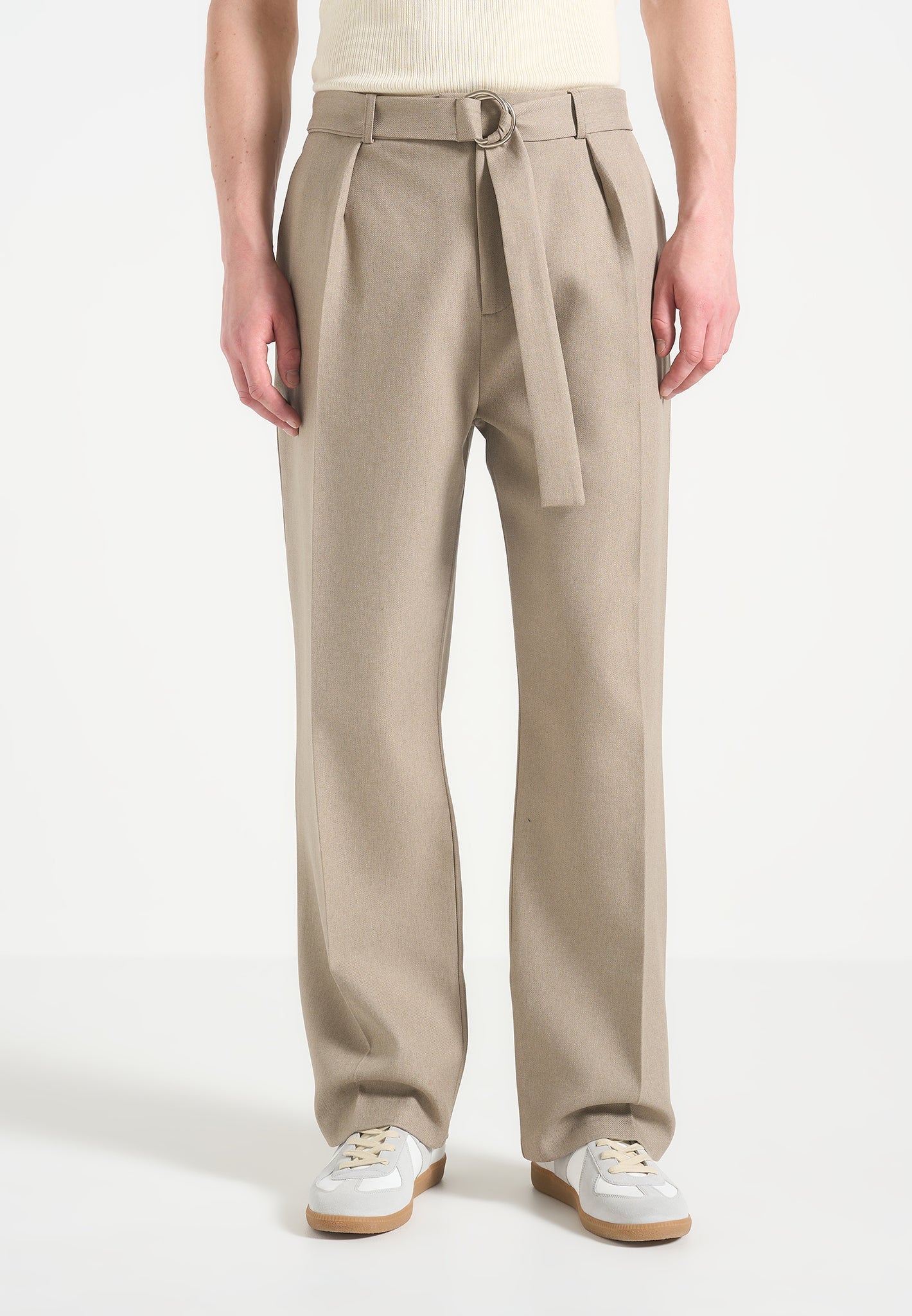 Louis - Relaxed Fit Belted Tailored Pants - Beige | Manire De Voir USA Louis - Relaxed Fit Belted Tailored Pants - Beige | Manire De Voir USA