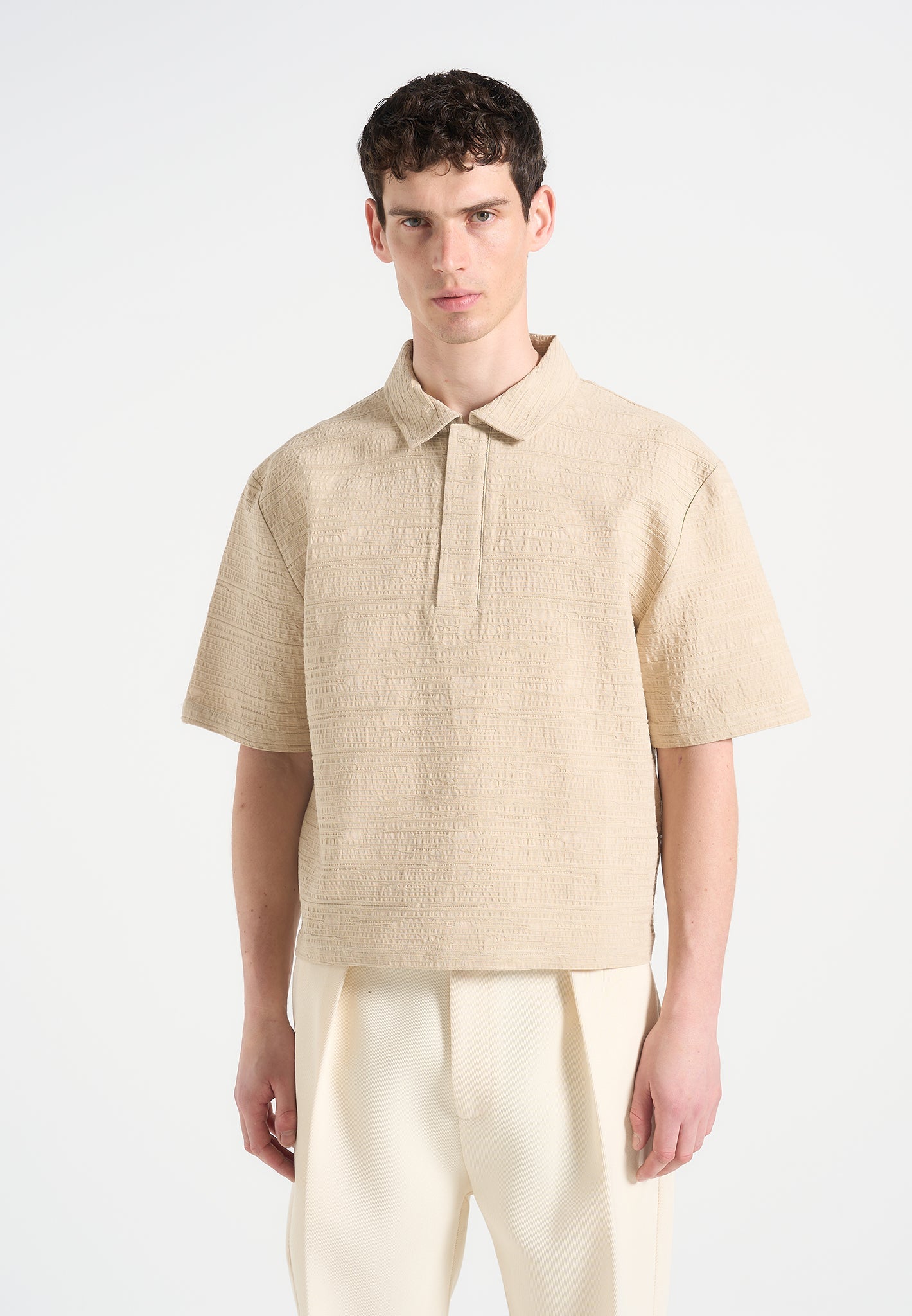 Simon - Boxy Textured Polo Shirt - Beige | Manire De Voir USA Simon - Boxy Textured Polo Shirt - Beige | Manire De Voir USA