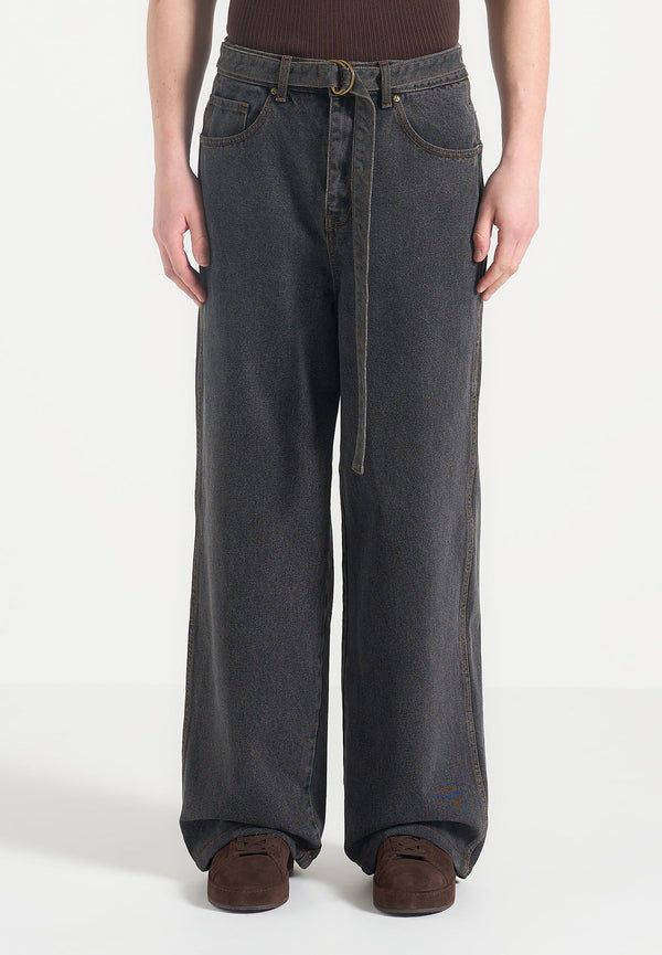 Adam -  Wide Leg Belted Jeans - Black Wash