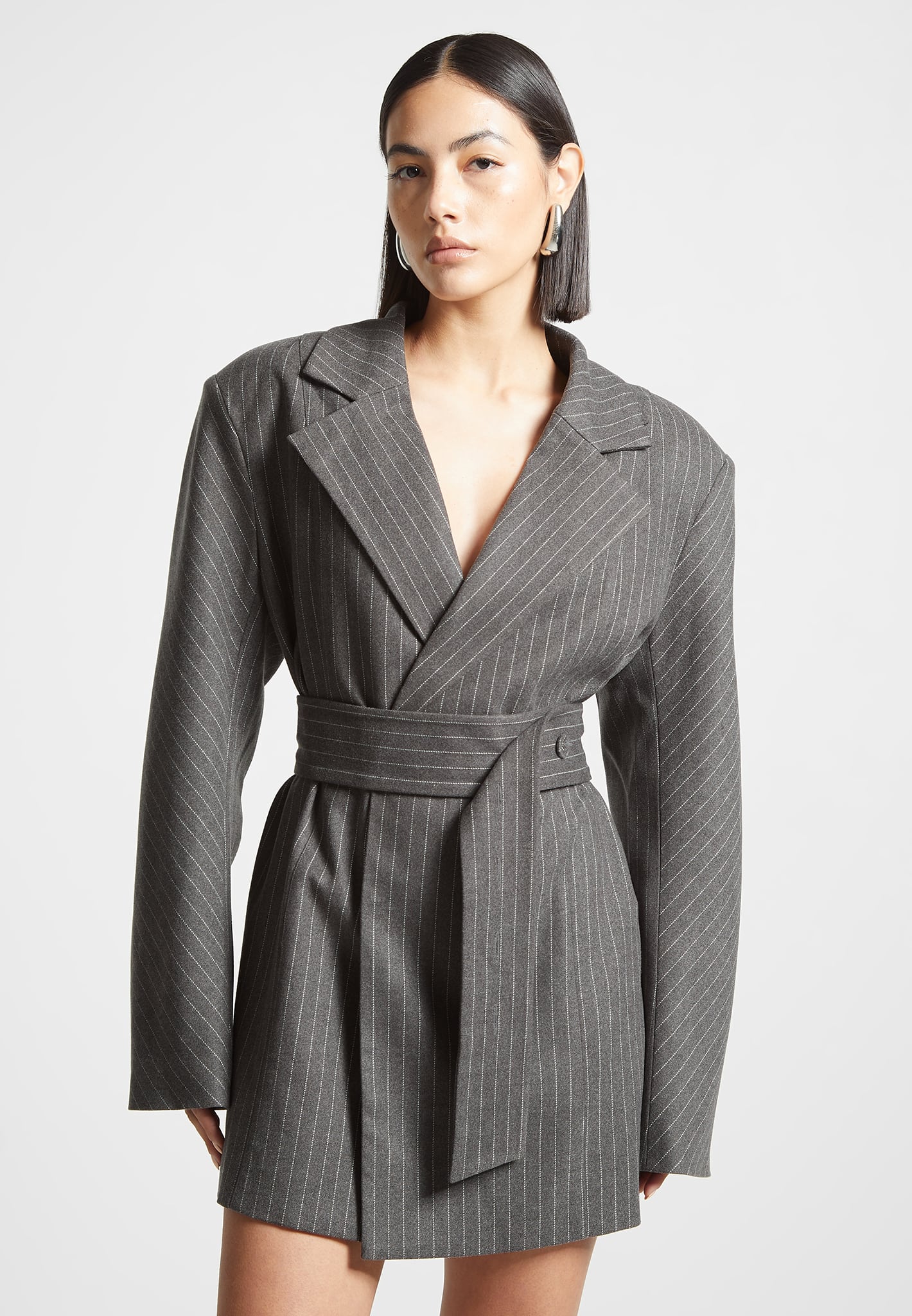 Women's Oversized Pinstripe Blazer Dress - Grey - S-M