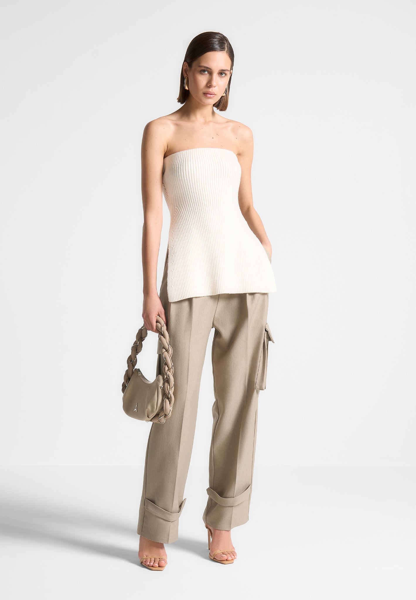 Rib Knit Longline Bandeau Top - Off White | Manire De Voir USA Rib Knit Longline Bandeau Top - Off White | Manire De Voir USA