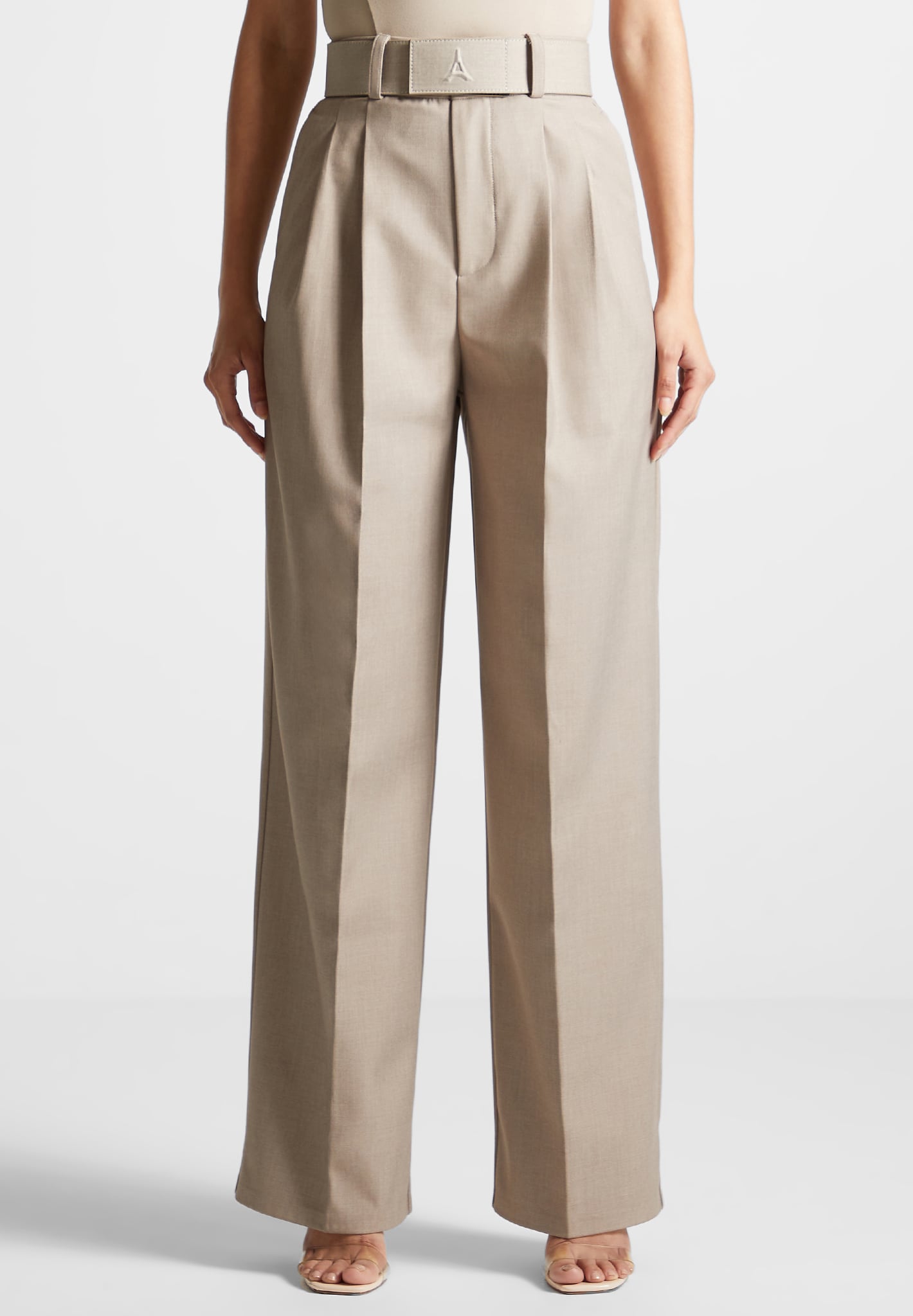 Women's Tailored Pleated Pants with Eiffel Belt - Taupe - US 10