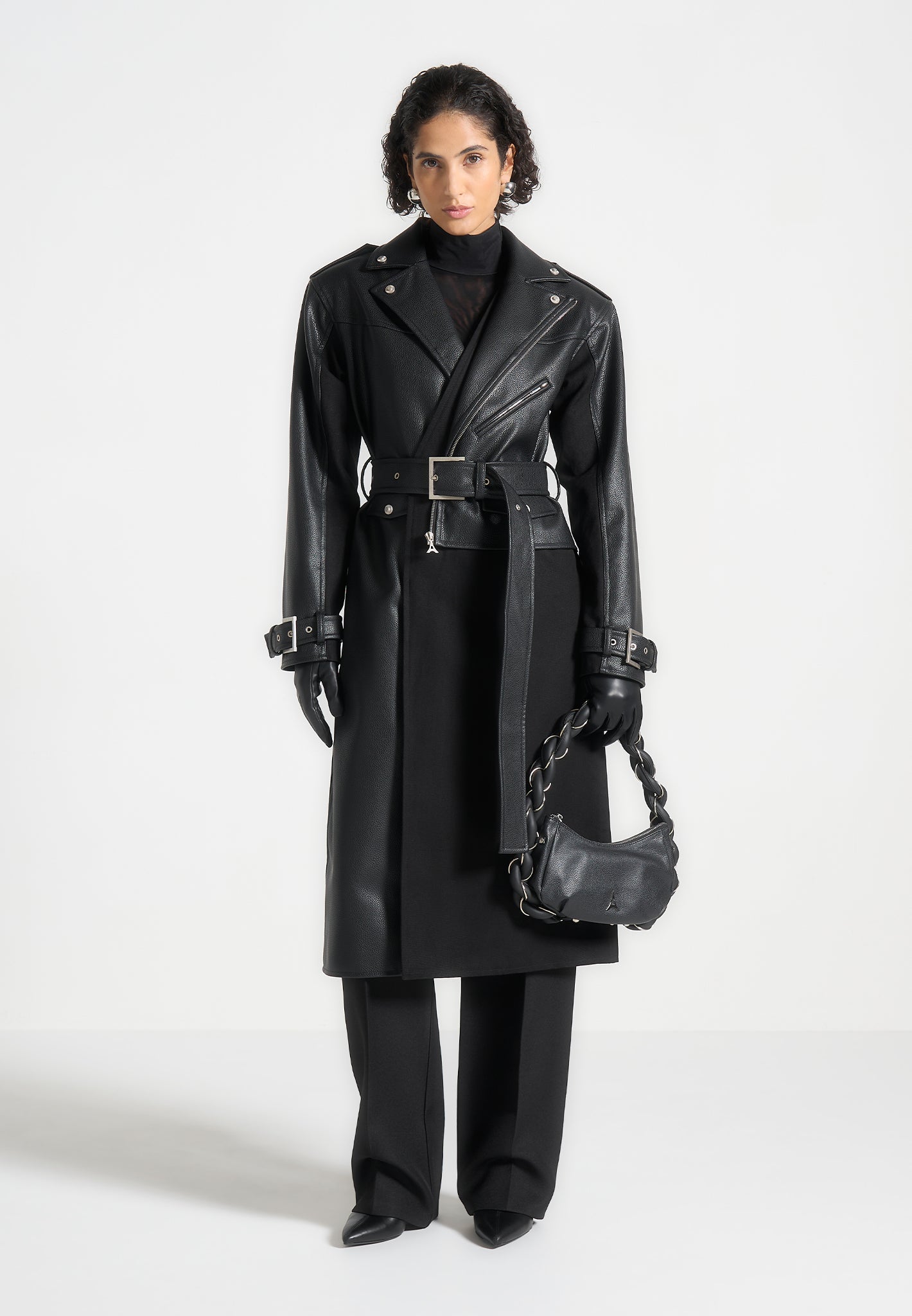black leather dress coat Tarah Faux Leather Trench Coat / Black | MESHKI