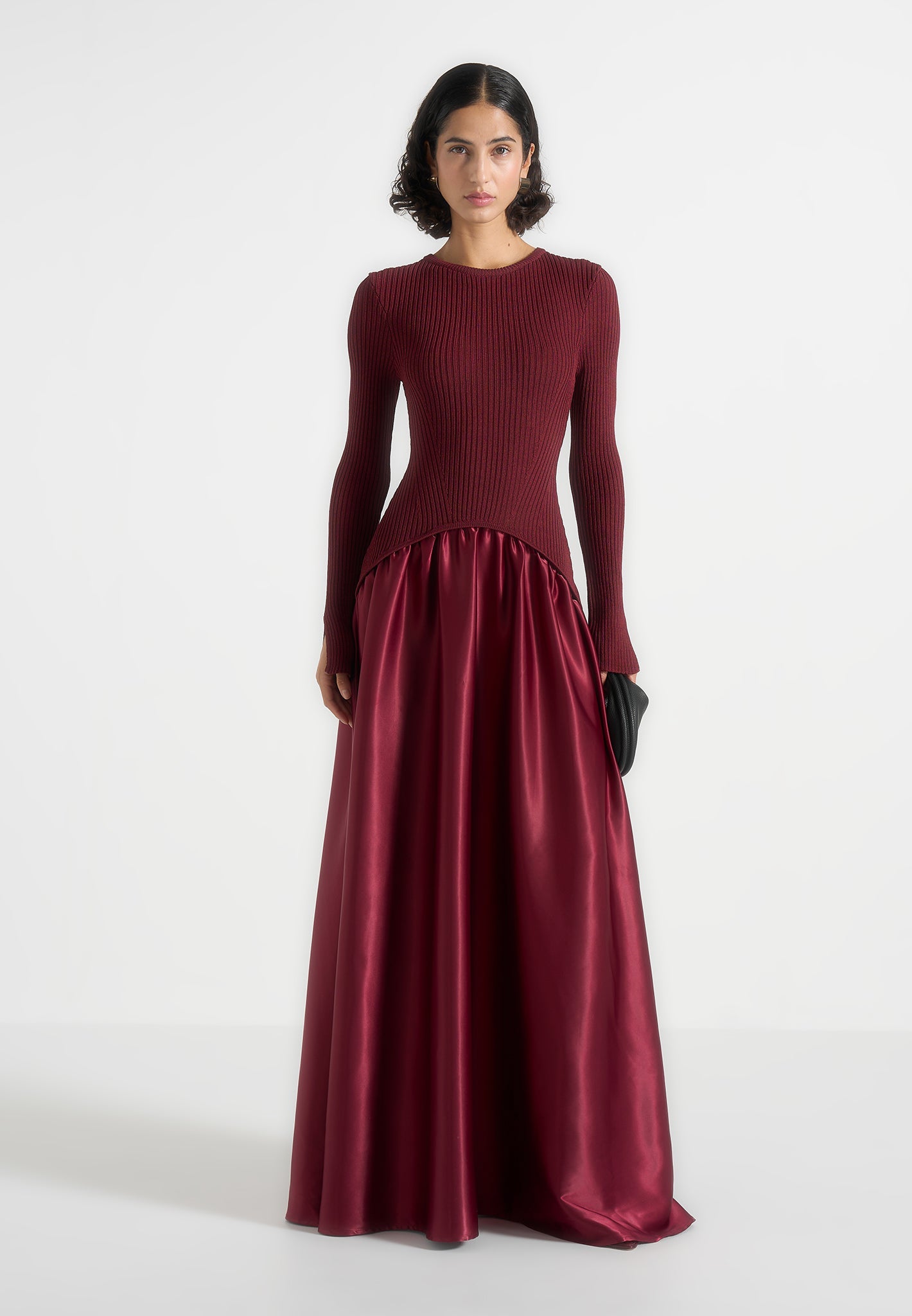 Women's Knit & Satin Curved Hem Maxi Dress - Wine Red - US 4 - Adeline - Manire de Voir Women's Knit & Satin Curved Hem Maxi Dress - Wine Red - US 4 - Adeline - Manire de Voir