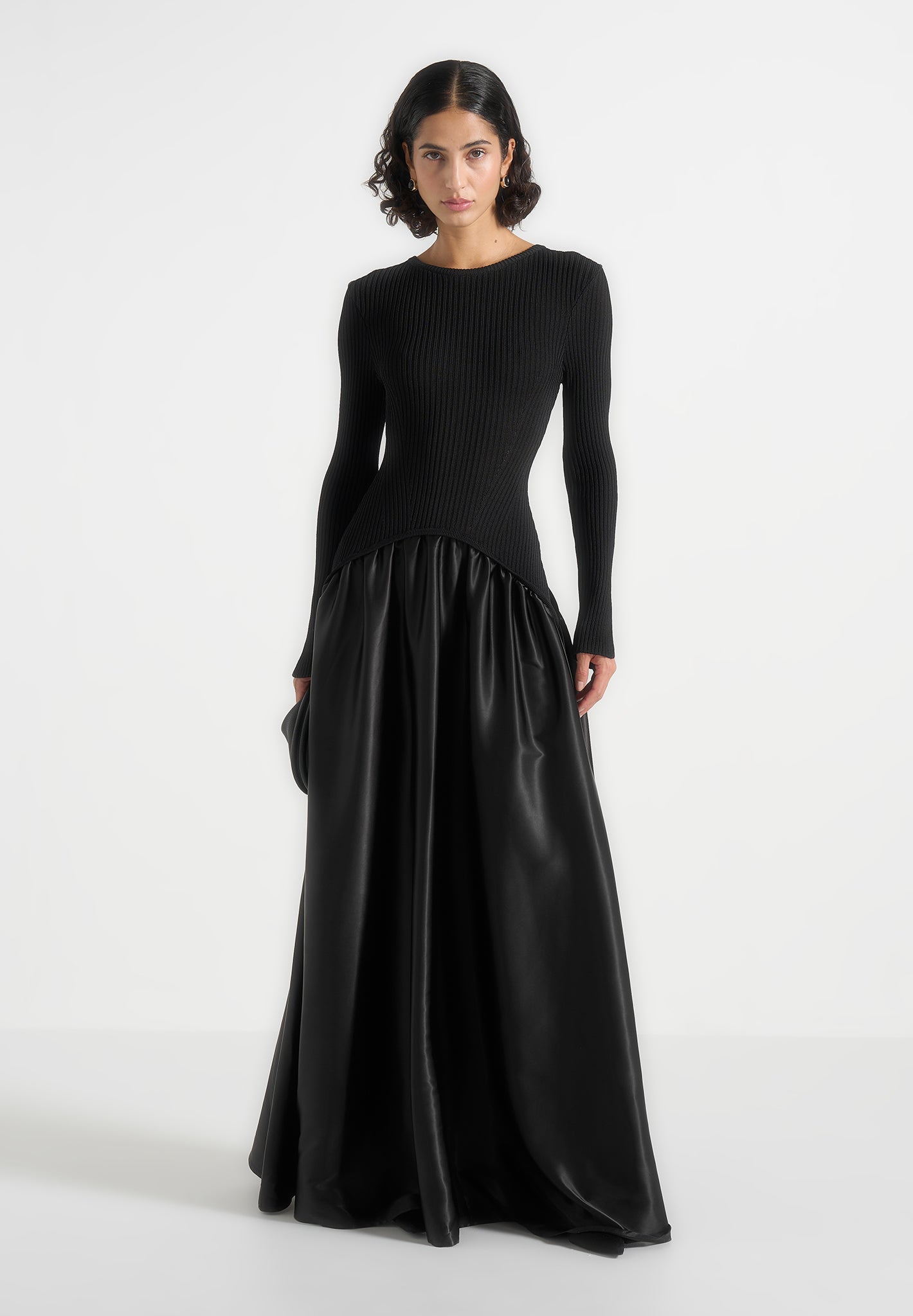 Women's Knit & Satin Curved Hem Maxi Dress - Black - US 6 - Adeline - Manire de Voir Women's Knit & Satin Curved Hem Maxi Dress - Black - US 6 - Adeline - Manire de Voir
