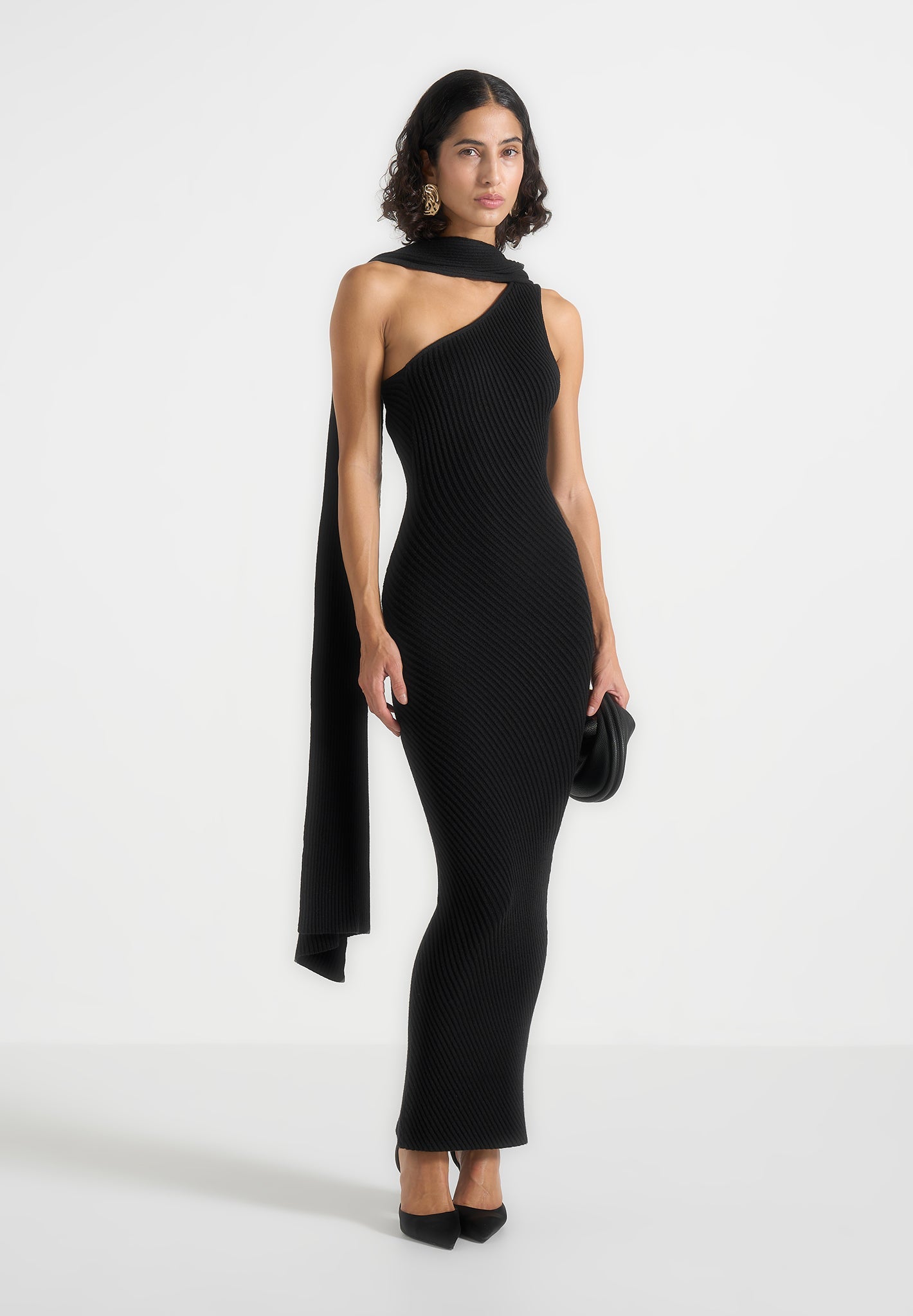 Women's Asymmetric Knit Maxi Dress With Scarf - Black - M - Laya