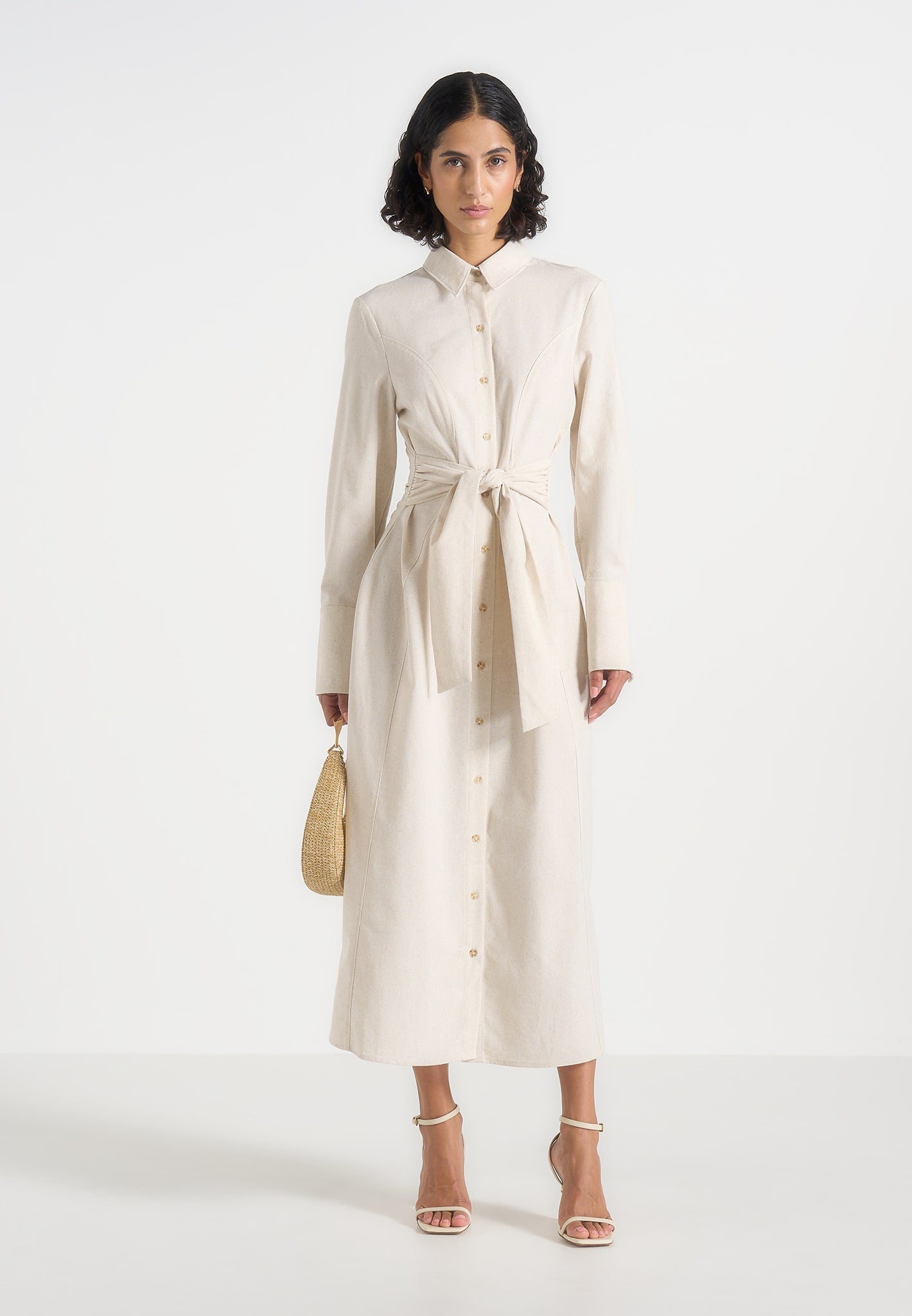 Women's Linen Midi Shirt Dress With Tie Waist - Natural - US 2 - Fern