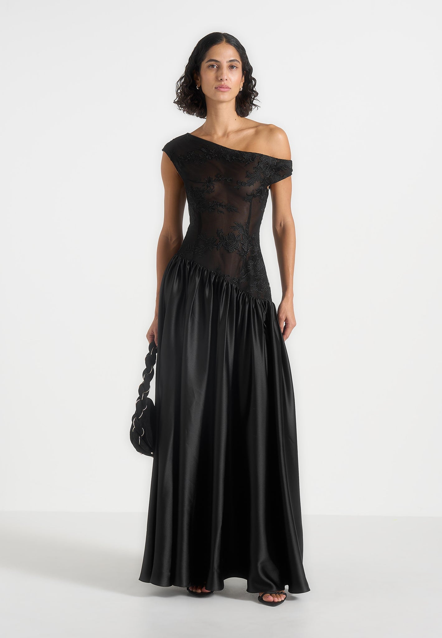 Alanna - Off Shoulder Fit and Flare Maxi Dress - Black | Manire De Voir USA Alanna - Off Shoulder Fit and Flare Maxi Dress - Black | Manire De Voir USA