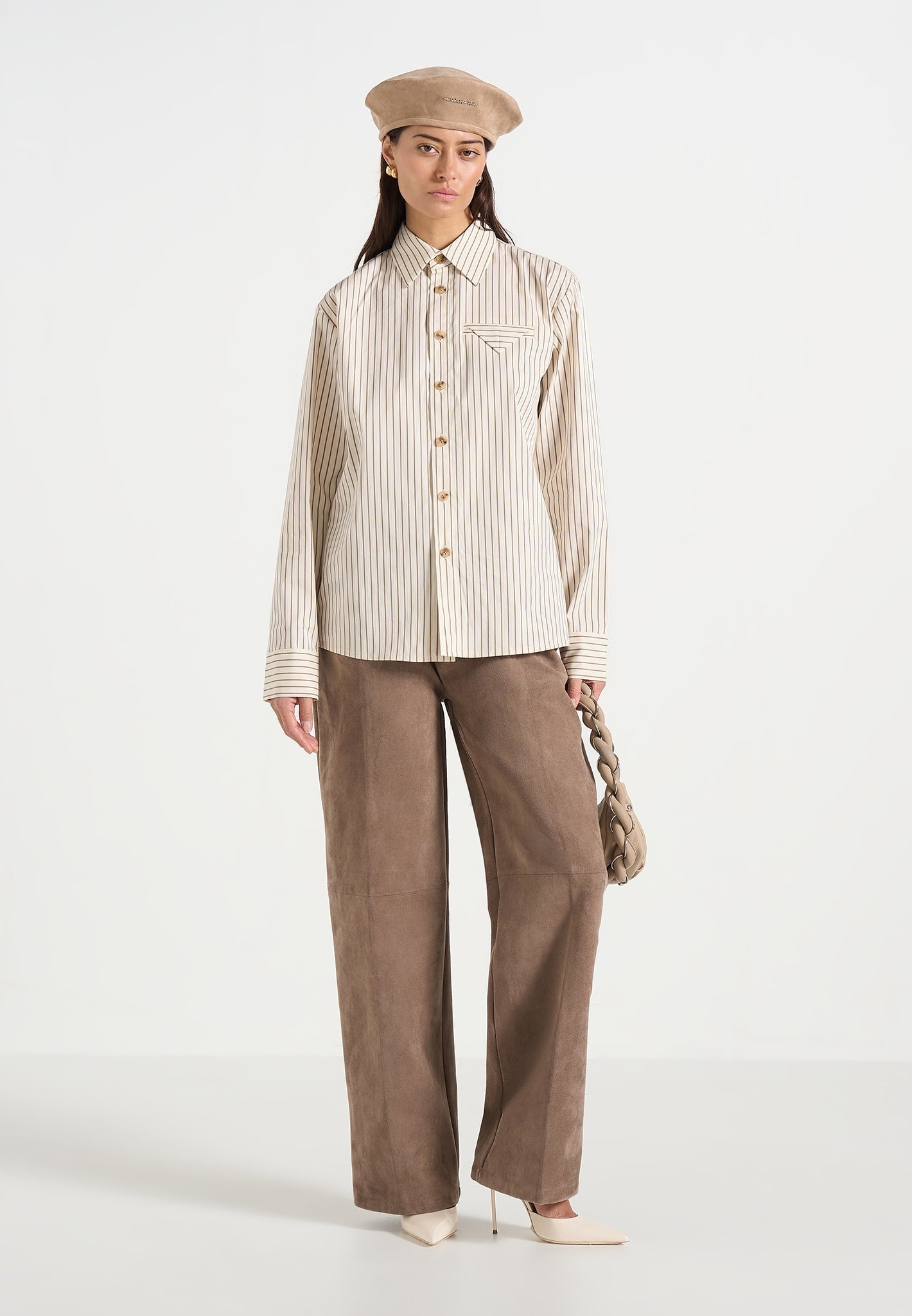 Unisex Pinstripe Long Sleeve Shirt - Beige - M - Ronnie