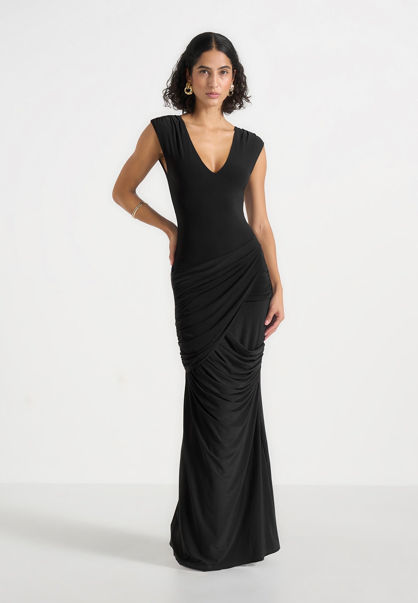 Women's V Neck Asym Ruched Maxi Dress - Black - US 10 - Bridget
