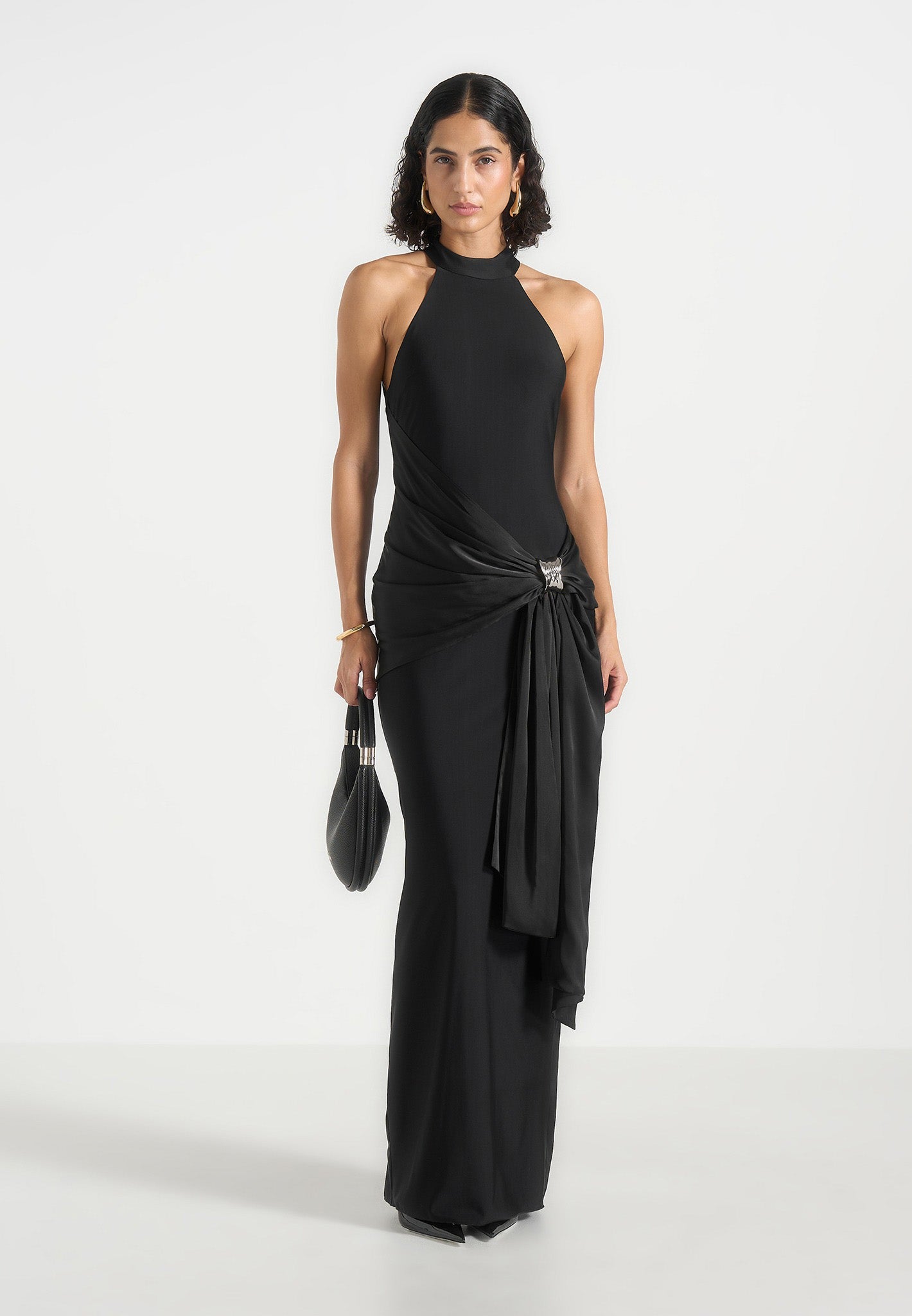 Women's Halter Neck Clasp Detail Satin Sash Maxi Dress - Black - US 6 - Willow