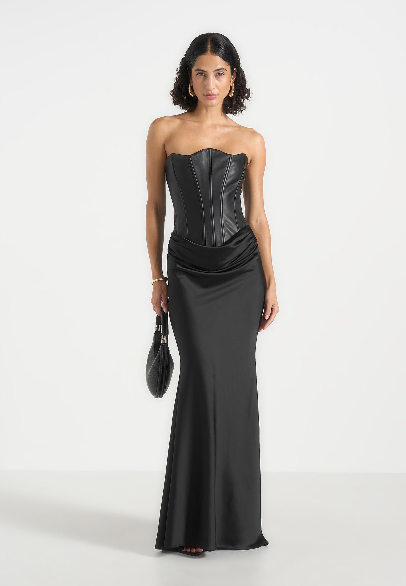 Women's Leather Corset Cowl Satin Maxi Dress - Black - US 4 - Corina