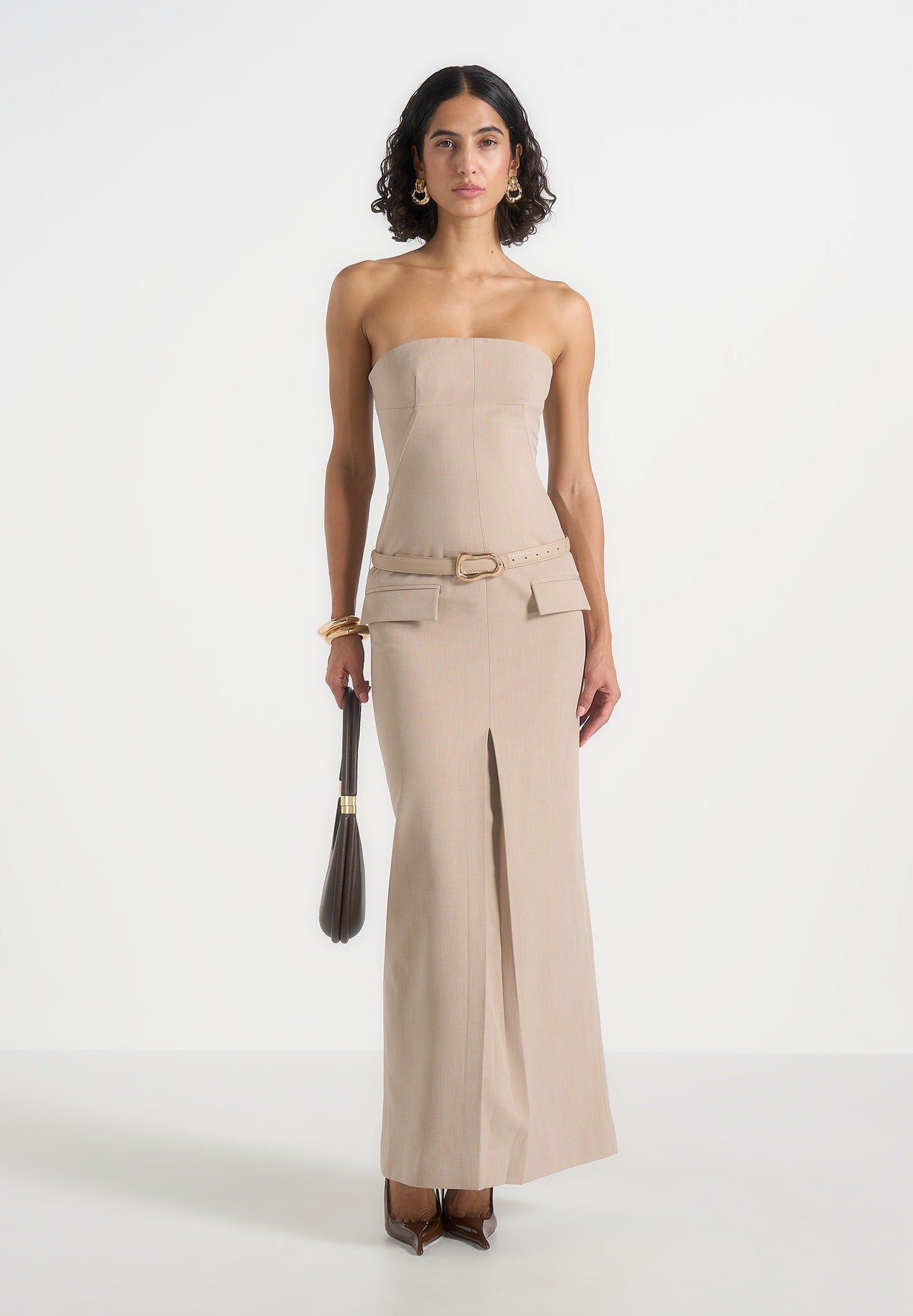 Women's Tailored Bandeau Belted Maxi Dress - Beige - US 4 - Tabitha