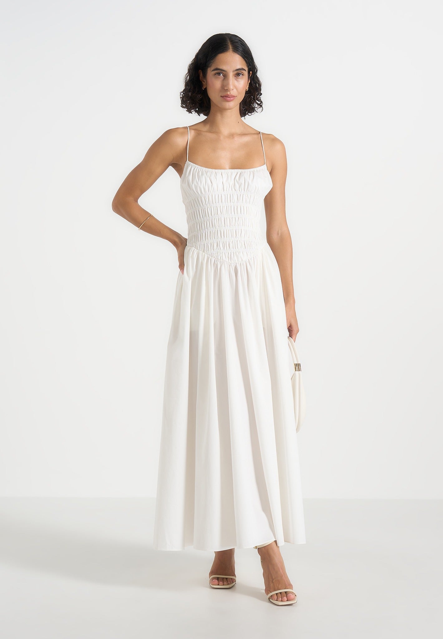 Women's Smocked Waist Cotton Maxi Dress - White - US 0 - Elva